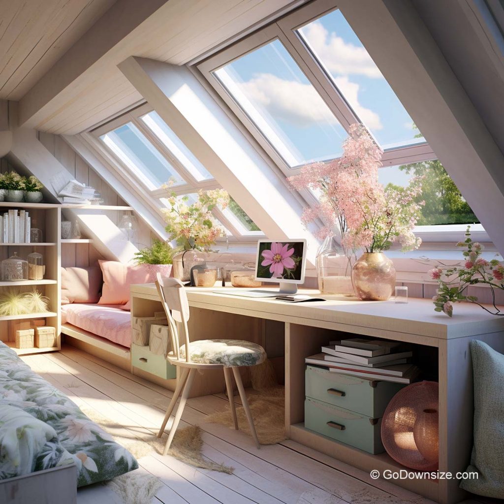 a cozy attic home office with built-in windows