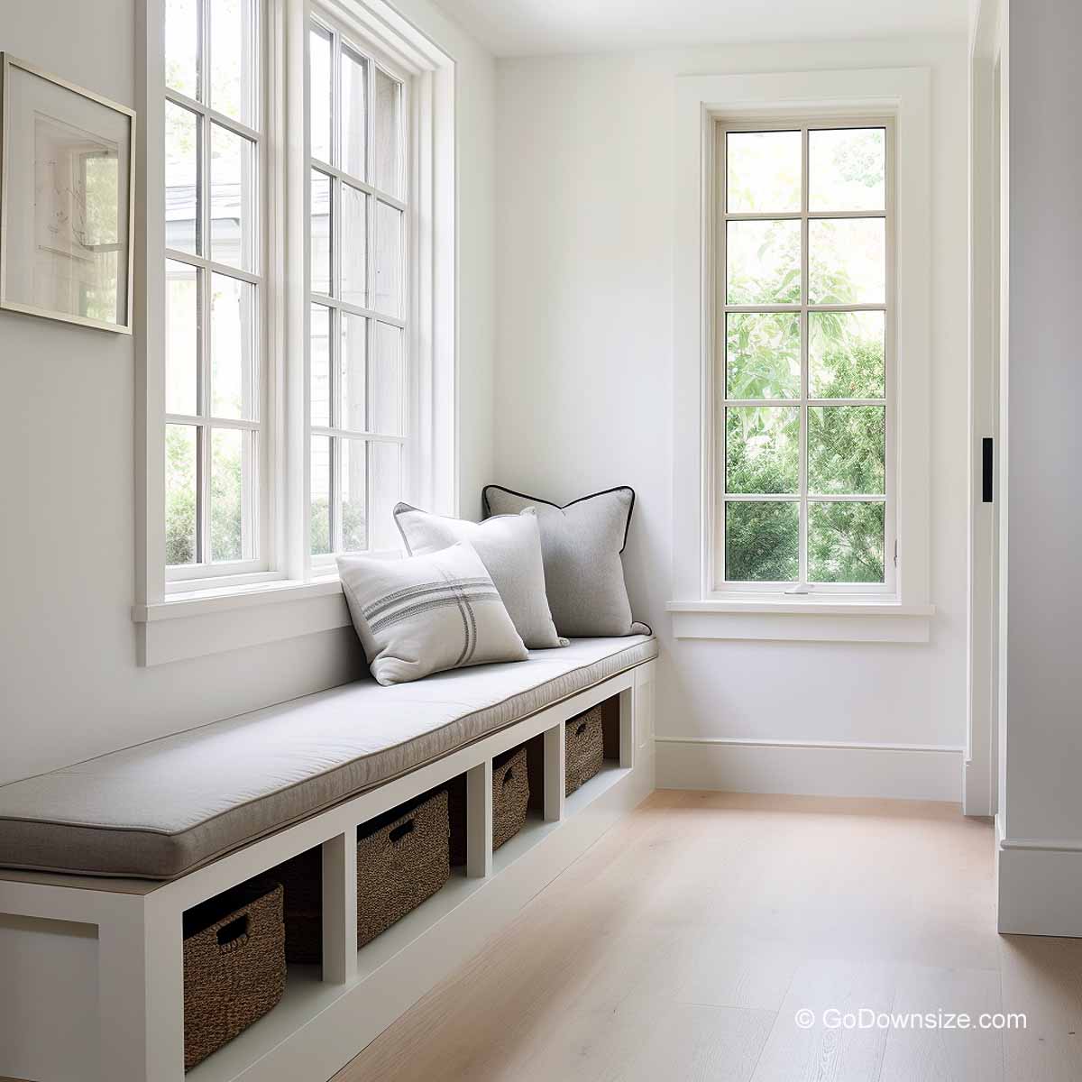 a nwrrow entry way with a built-in bench and storage baskets underneath