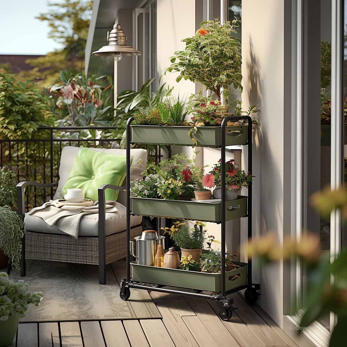 tiered shelves with wheels on a small balcony