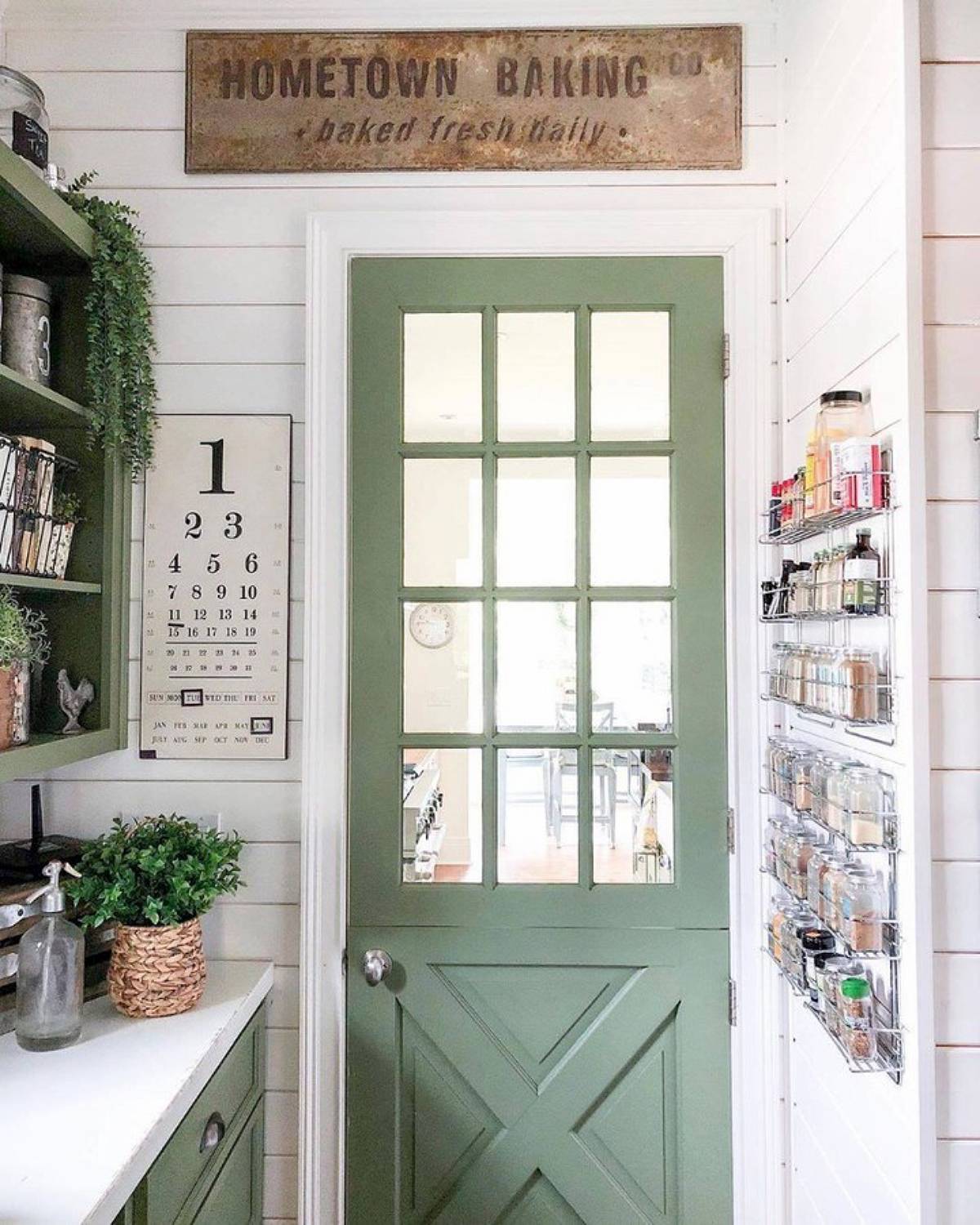 wall-mounted spice rack near the kitchen door
