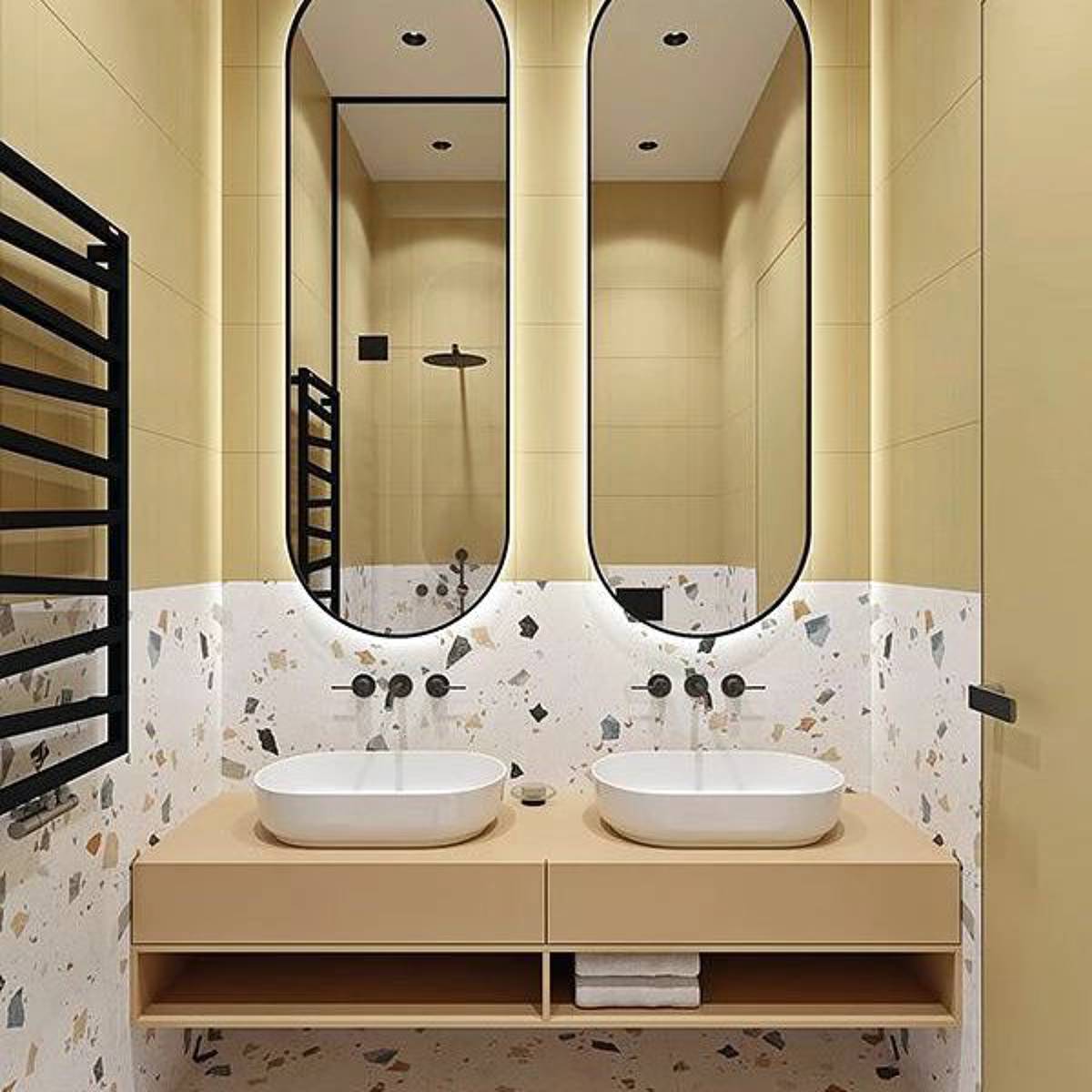 Bathroom with yellow and terrazzo wall tiles