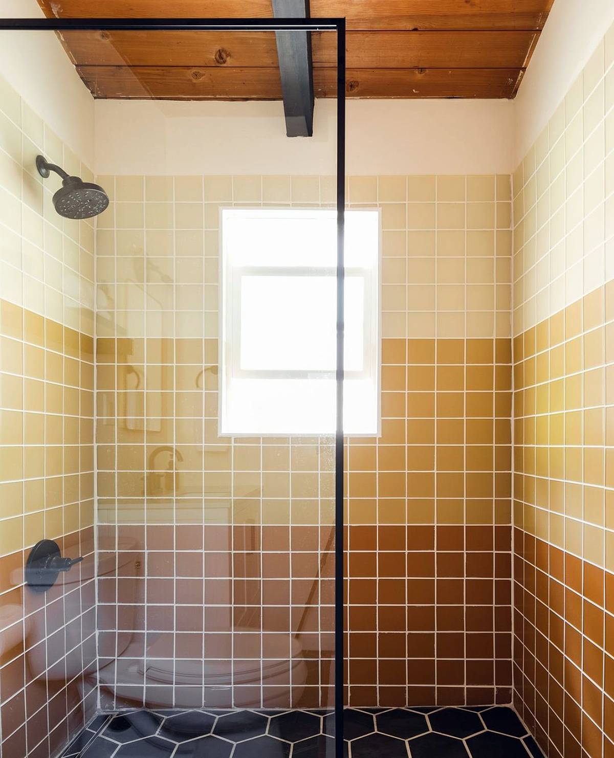Brown and different shades of yellow bathroom