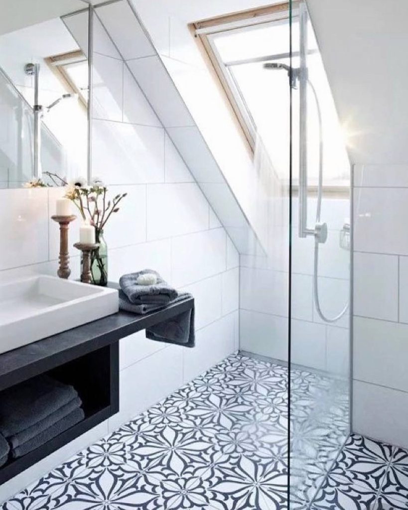 white bathroom with skylight window