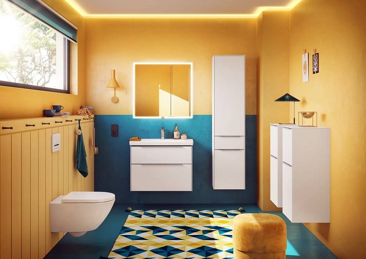 Yellow and blue color combination bathroom