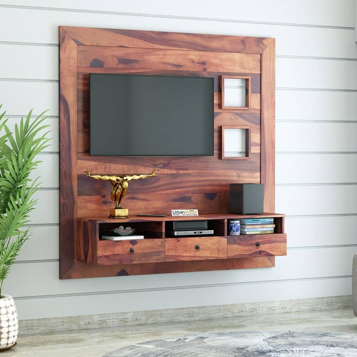 wooden wall-mounted TV unit with storage for video games