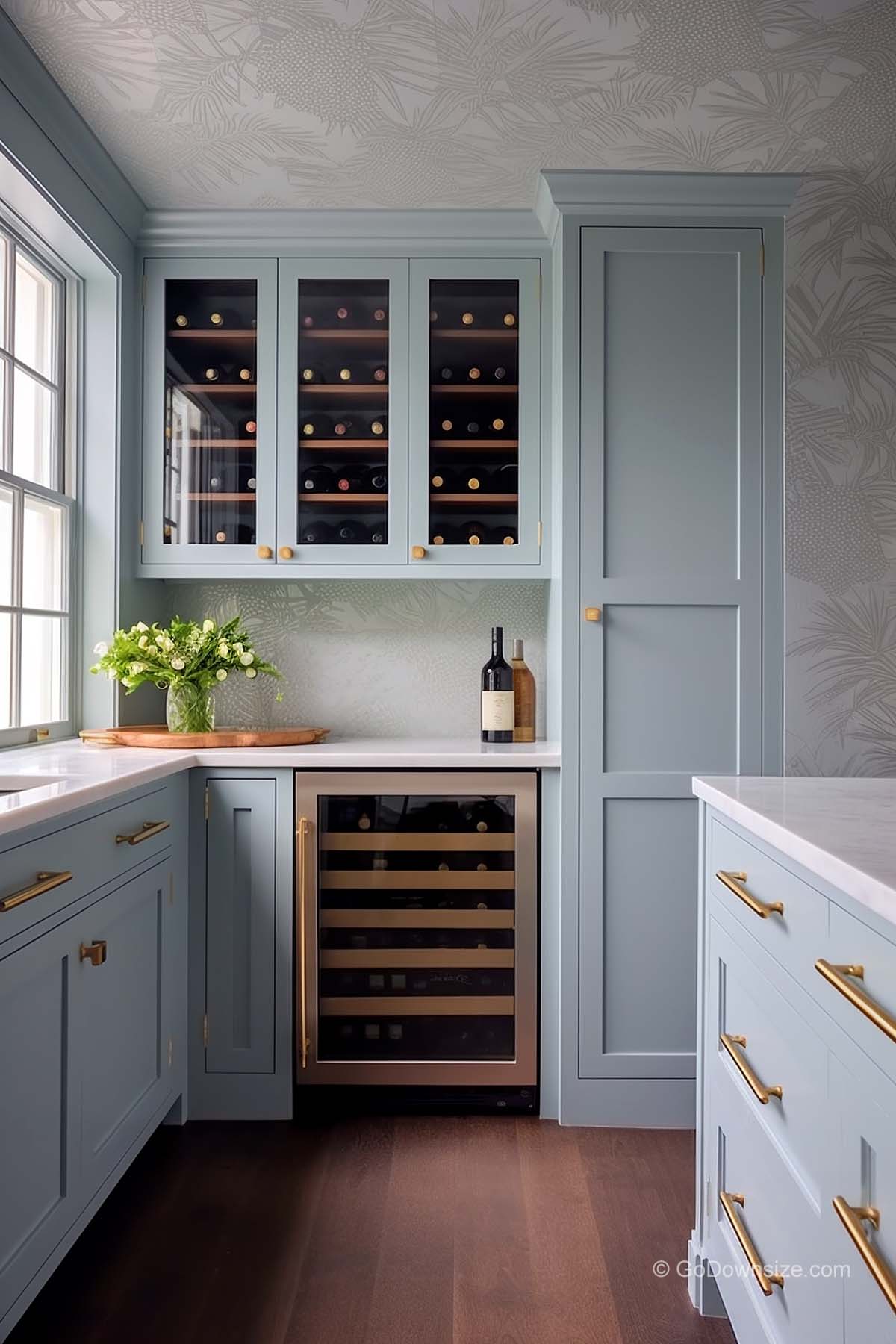 L-shaped kitchen with wine storages