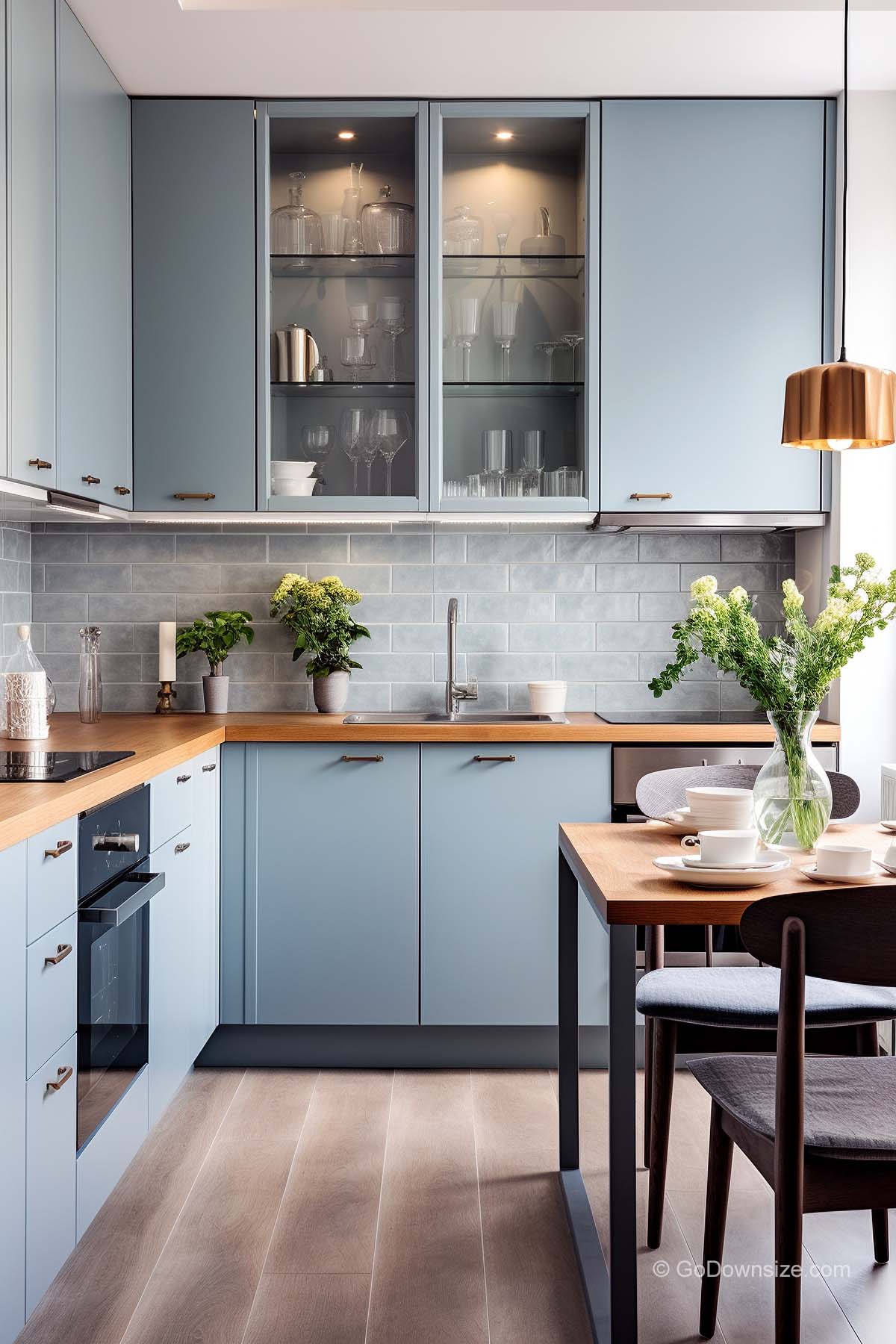 blue kitchen with wooden countertop