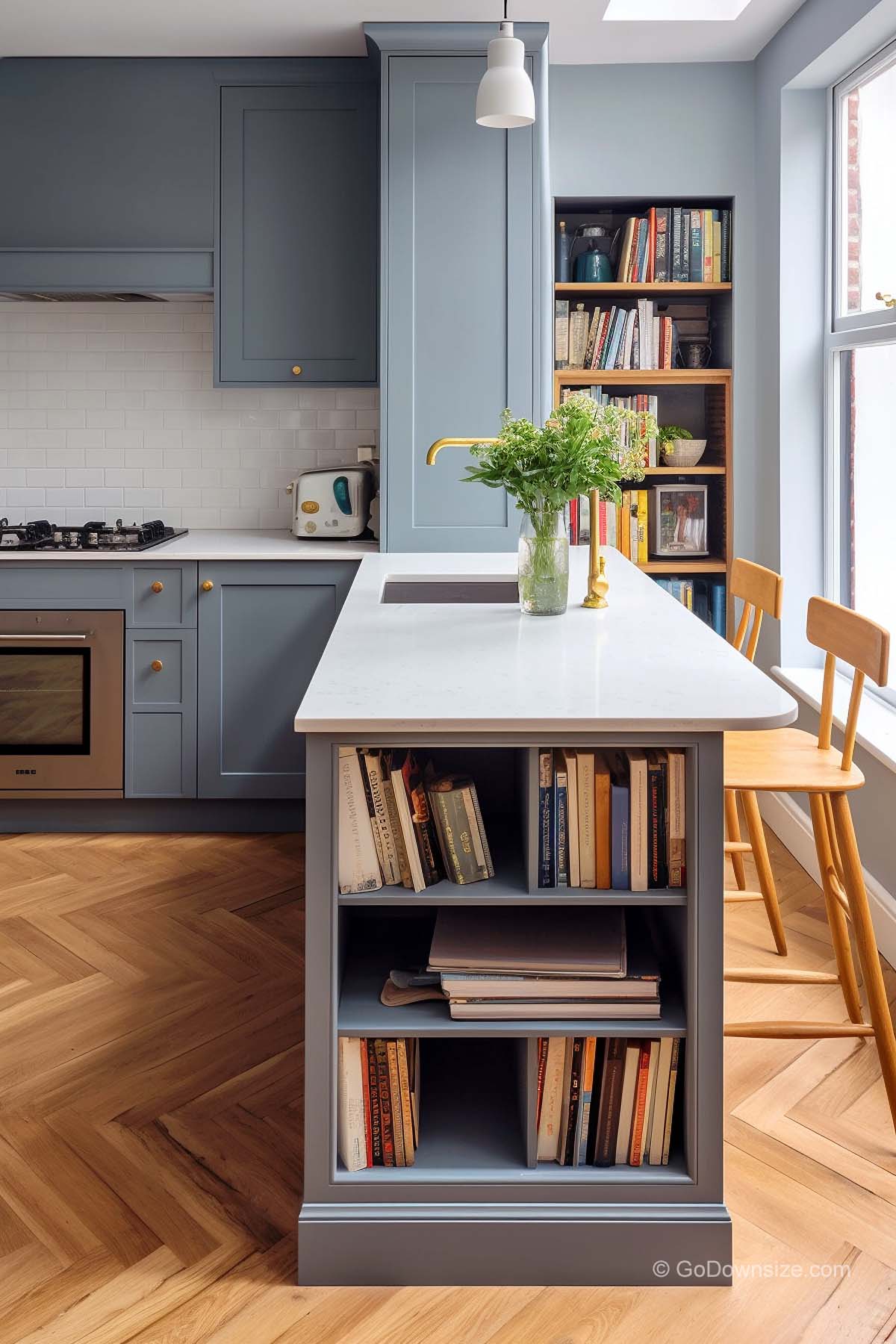 bookshelves on dining area