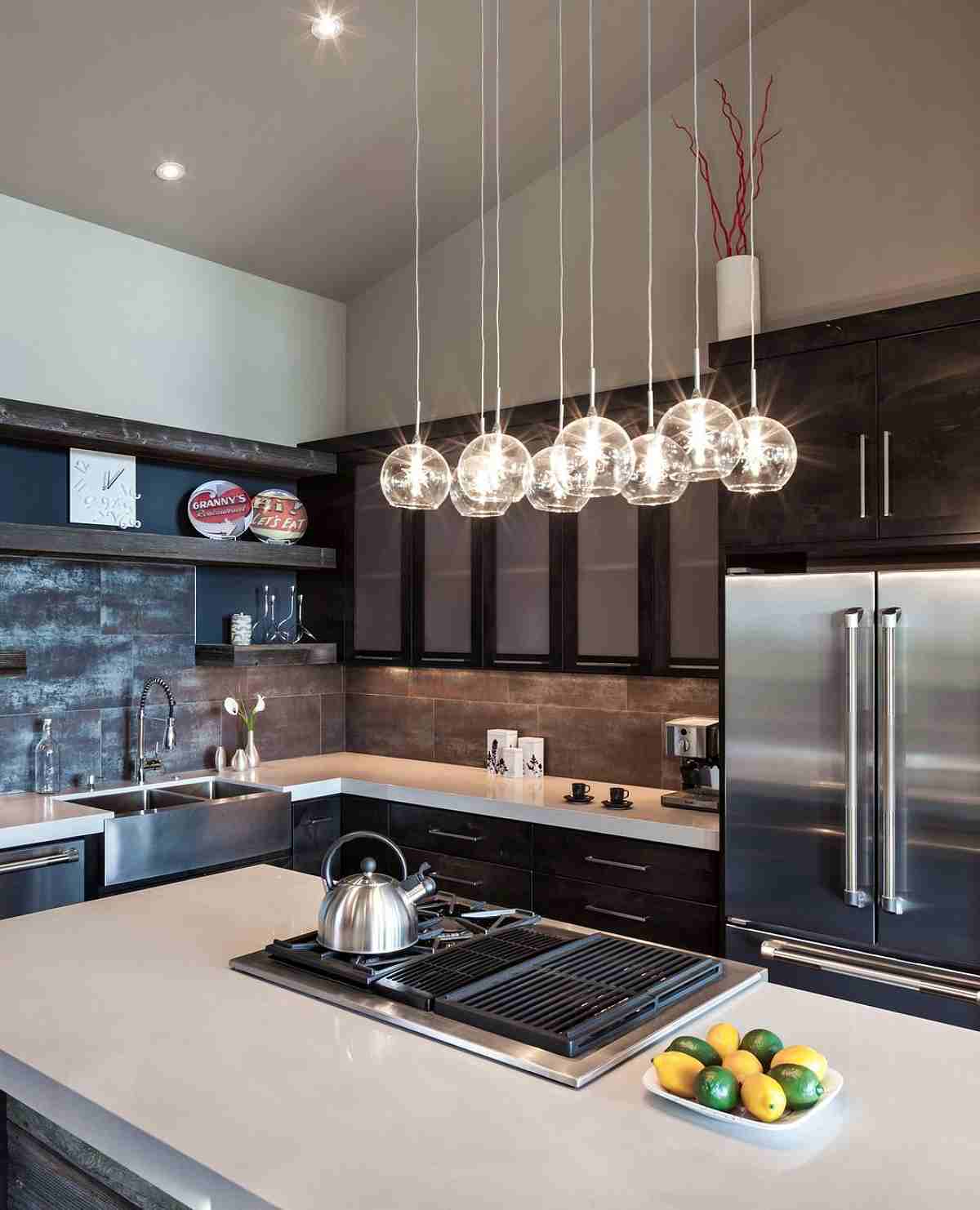 kitchen with round pendant lights