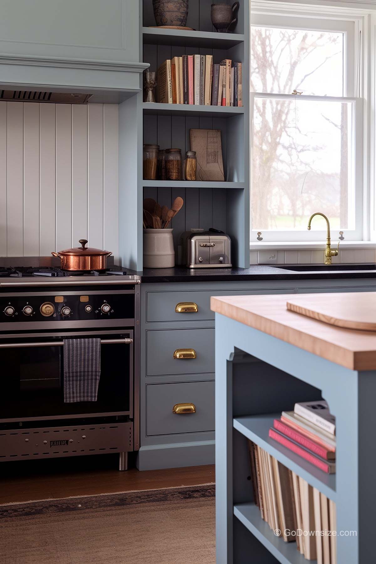 vertical shelves on kitchen countertop
