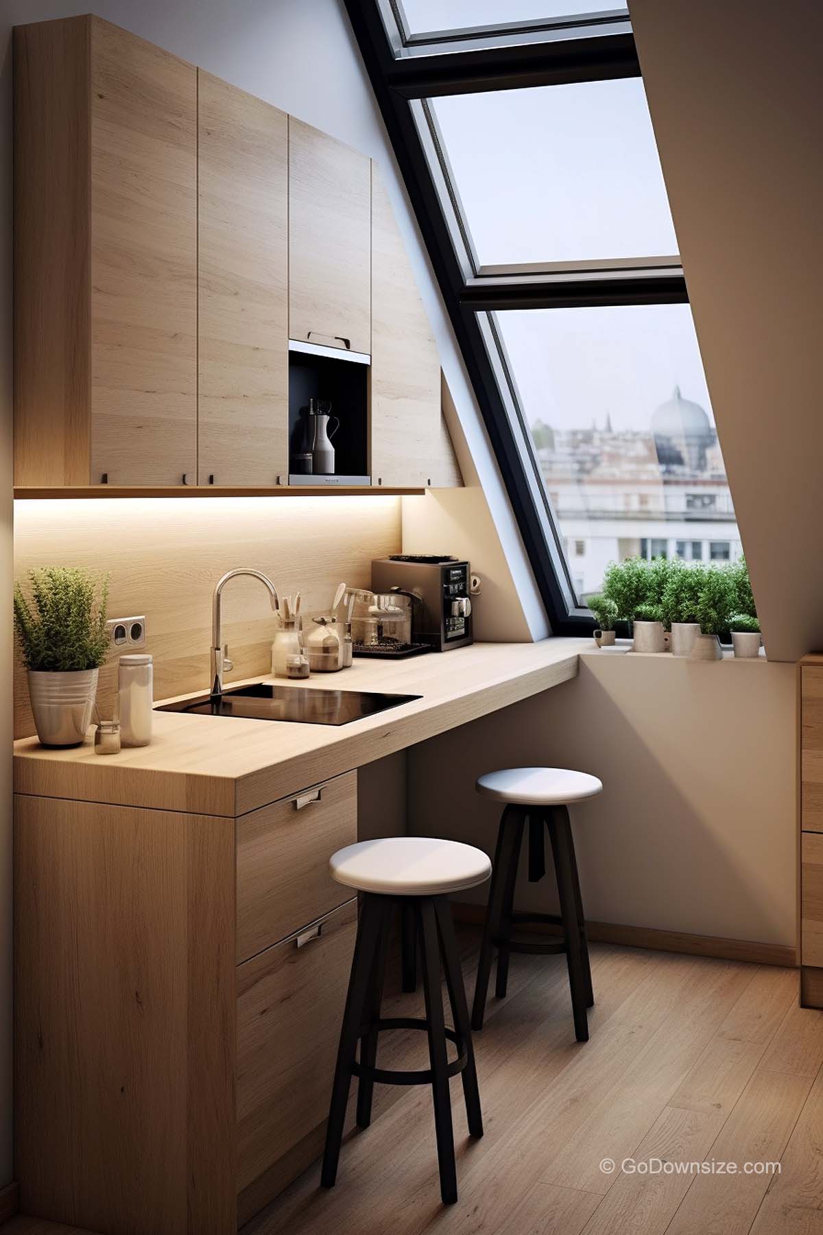 wooden kitchen with ceiling window