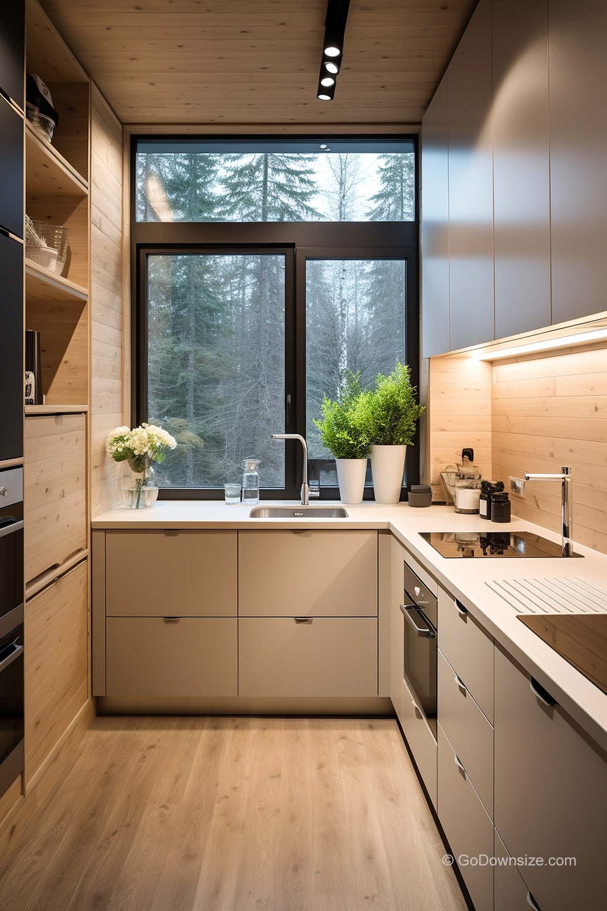 wooden kitchen with cozy lighting
