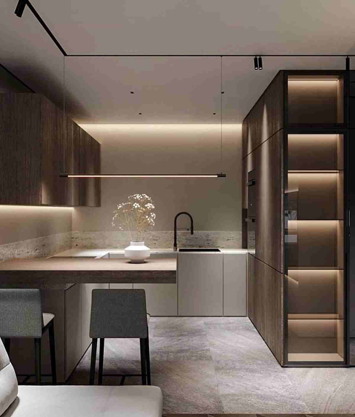 wooden kitchen with lightings