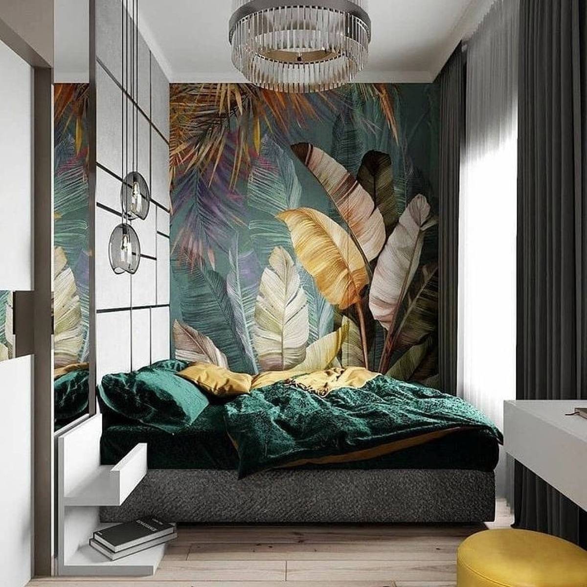 Narrow bedroom with leaves wallpaper and pendant light