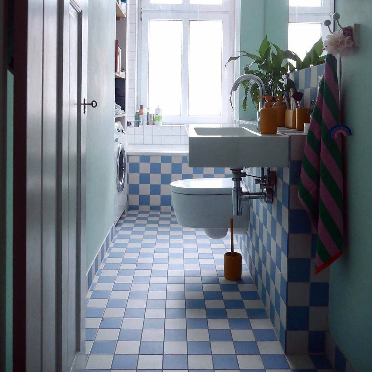 alternating white and blue floor tiles