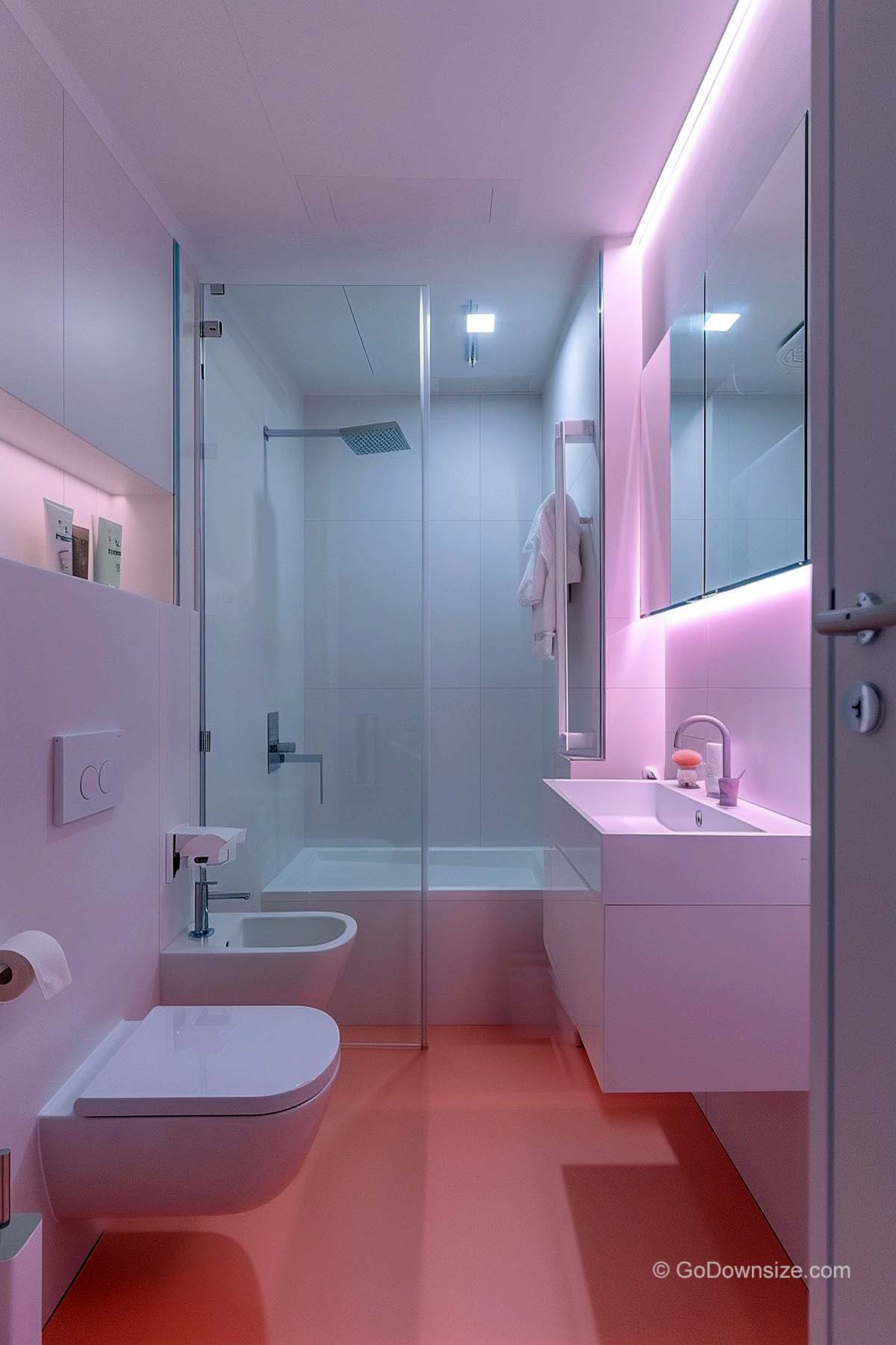 bathroom mirror with lightings and red floor