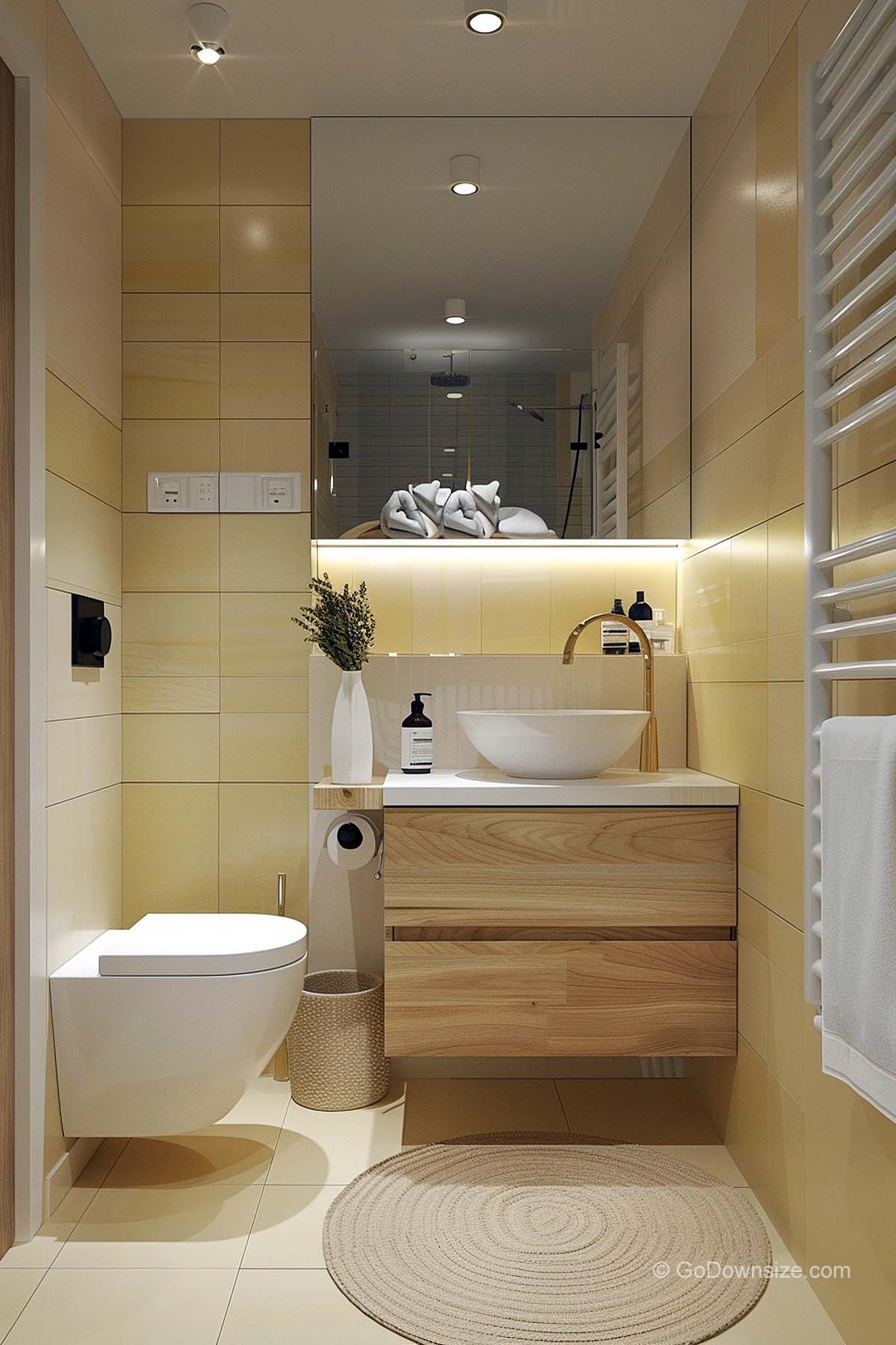 bathroom with wooden vanity and white floor tiles
