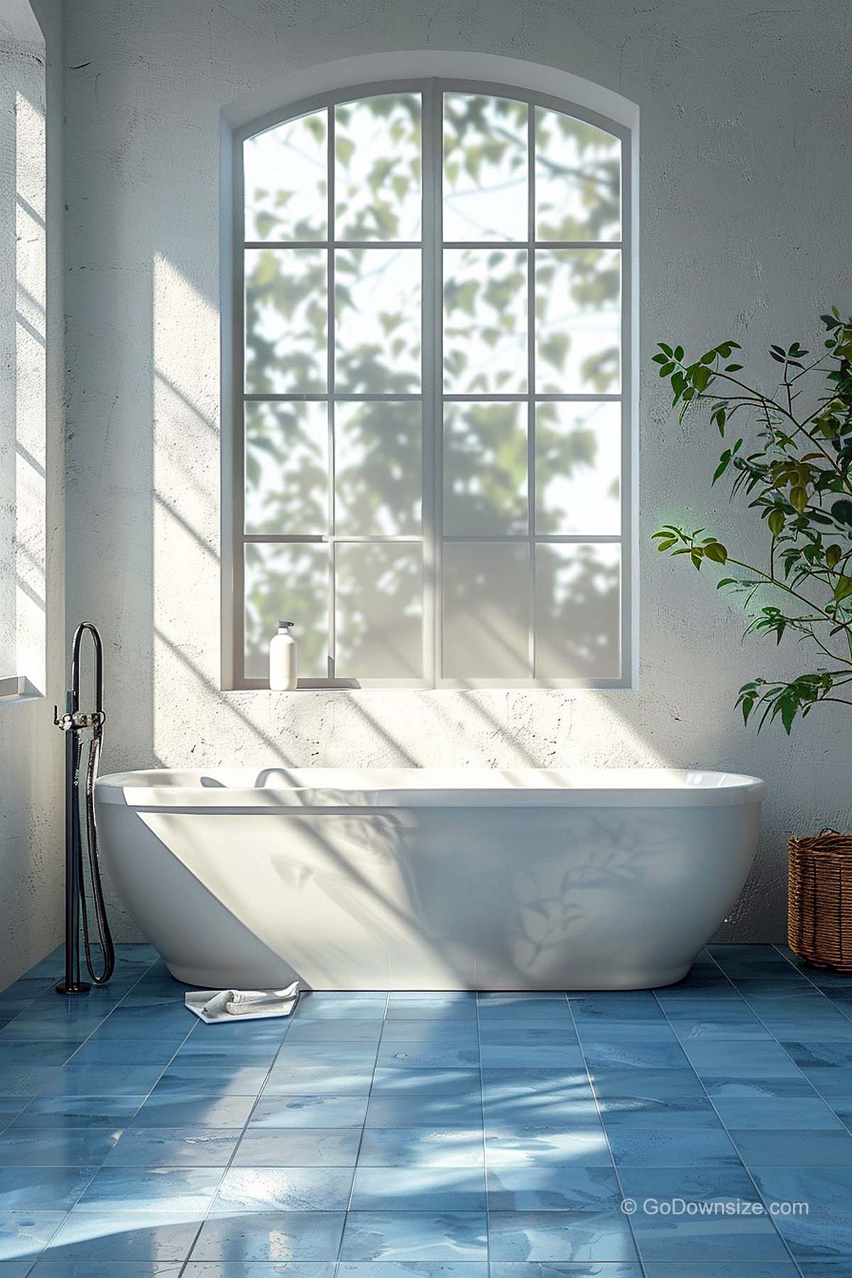 bathtub on blue floor tiles