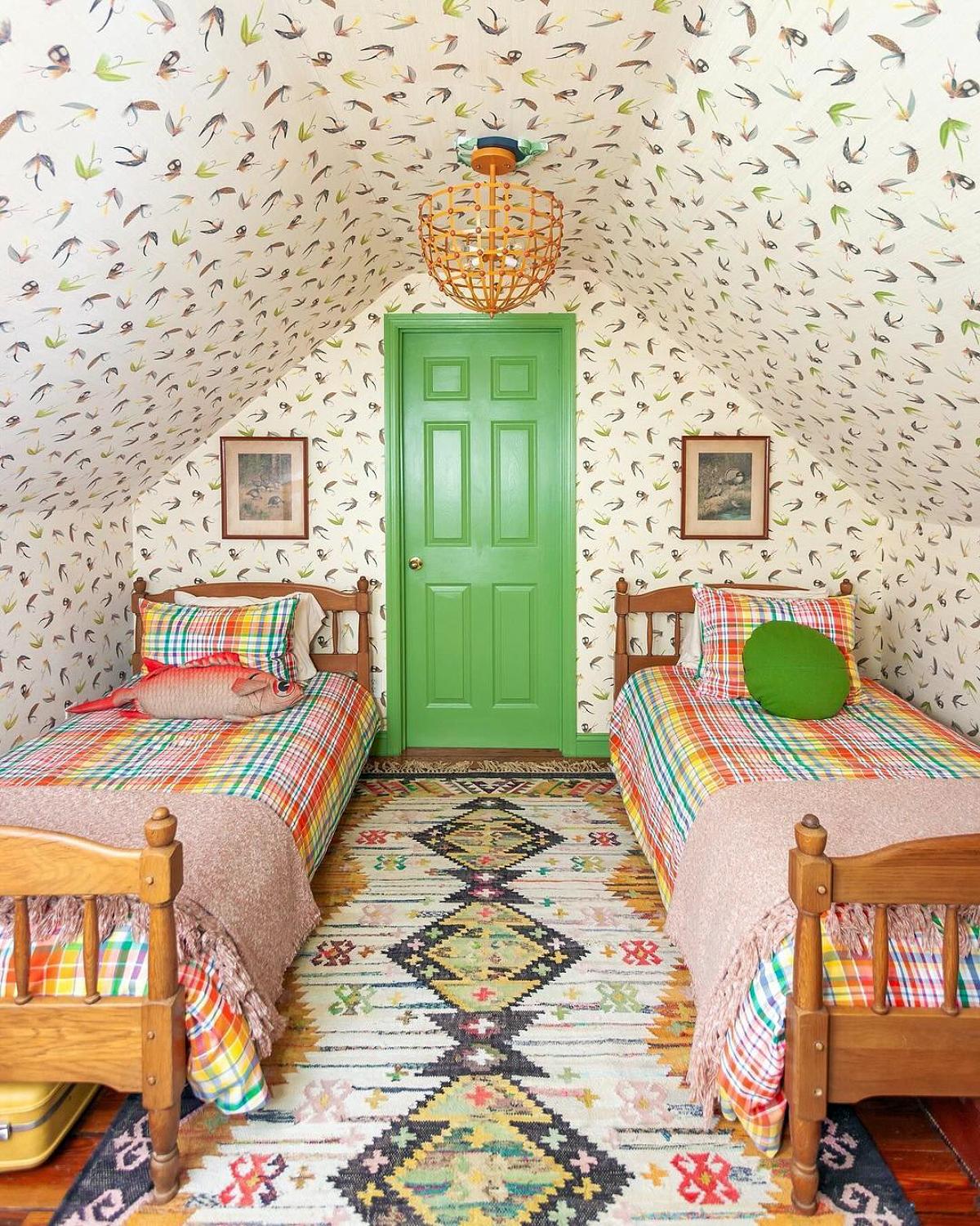 bedroom with double bed and full wallpaper