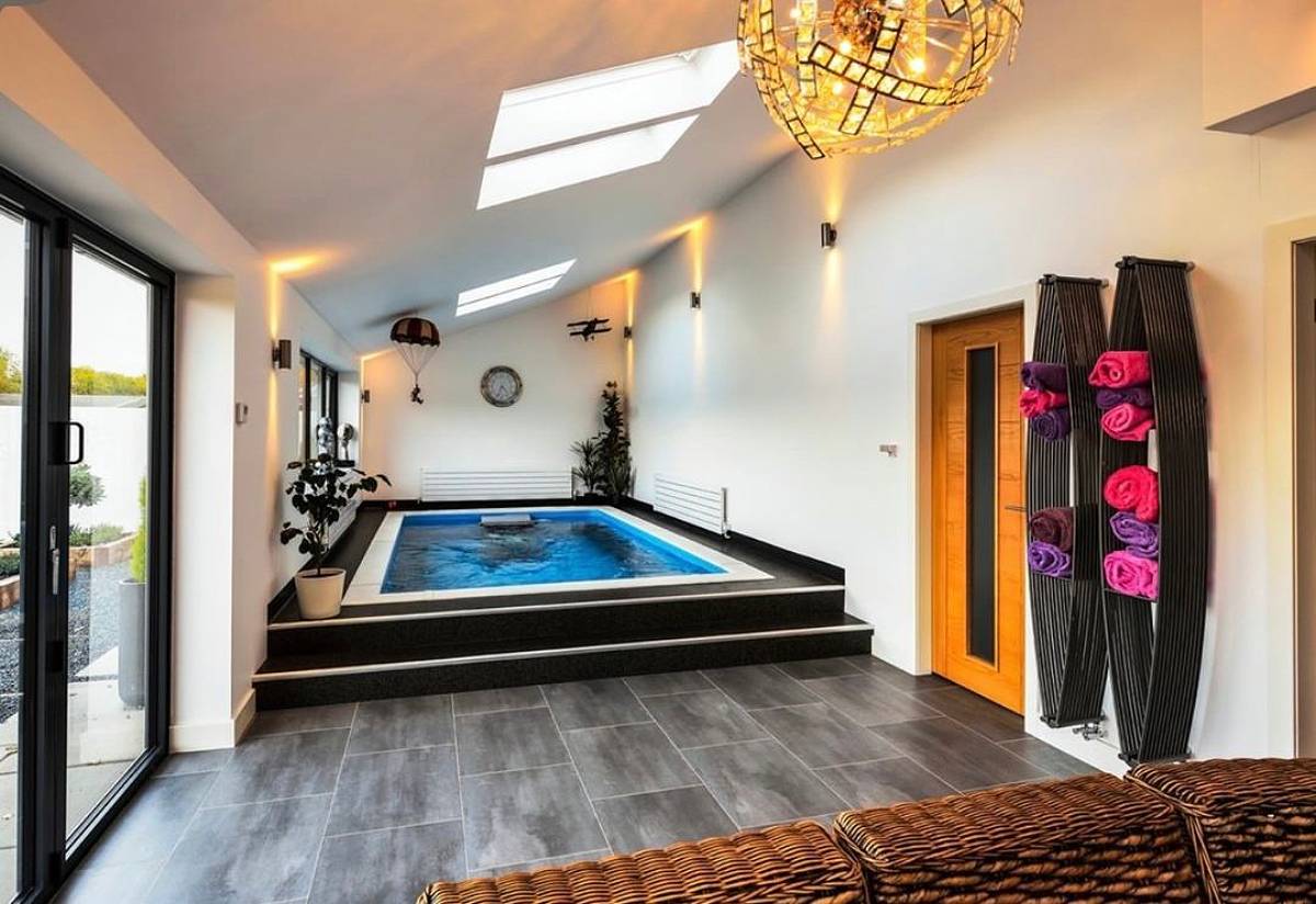 black and white indoor pool