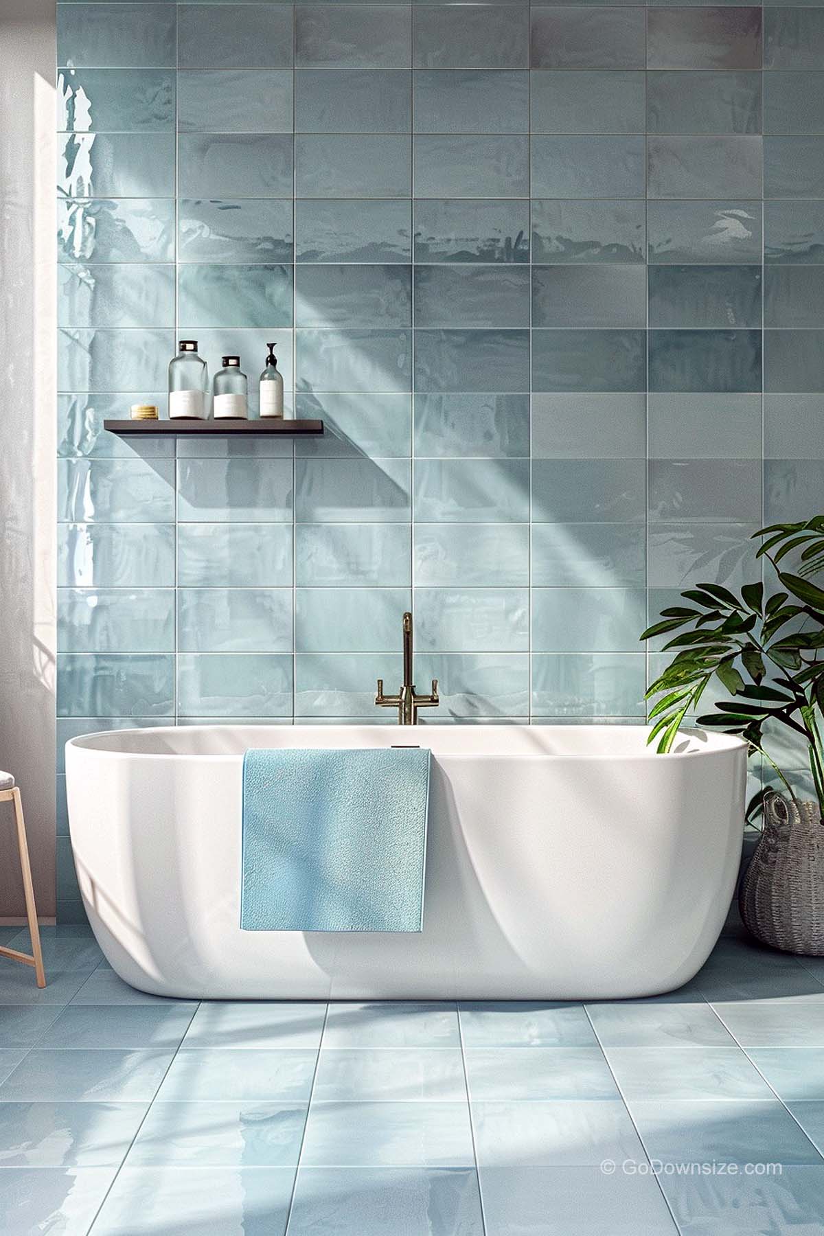 blue bathroom with floating shelf