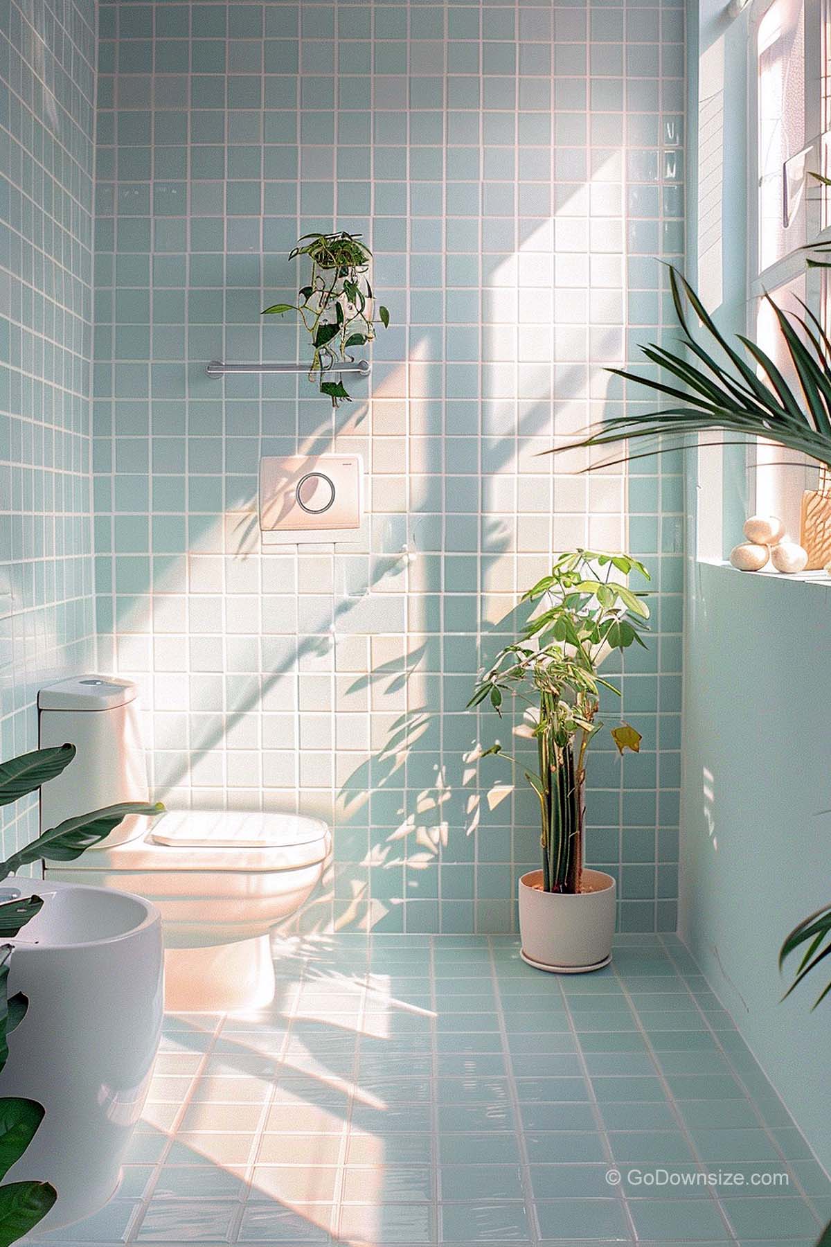 blue bathroom with plants