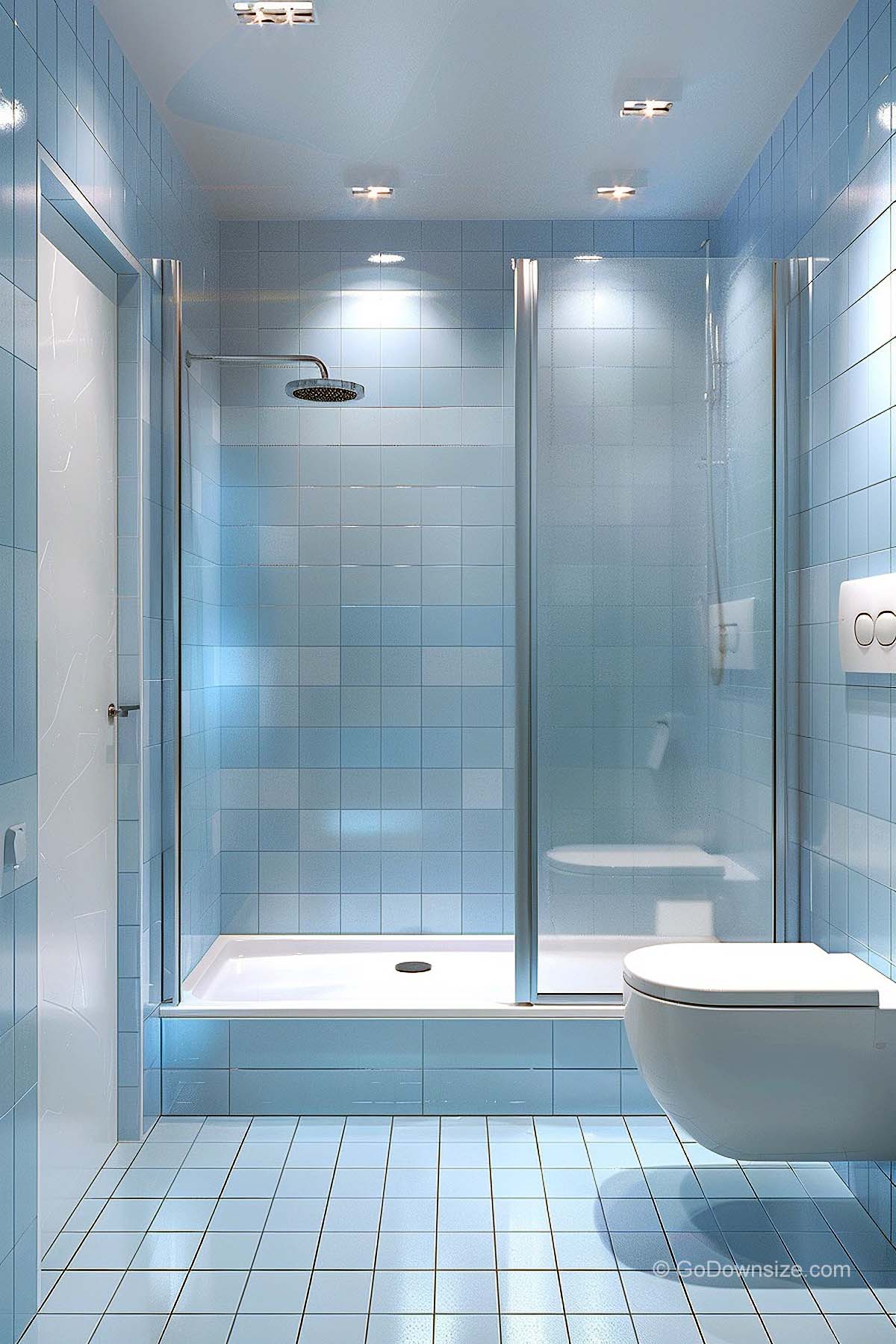 blue floor to ceiling tiles