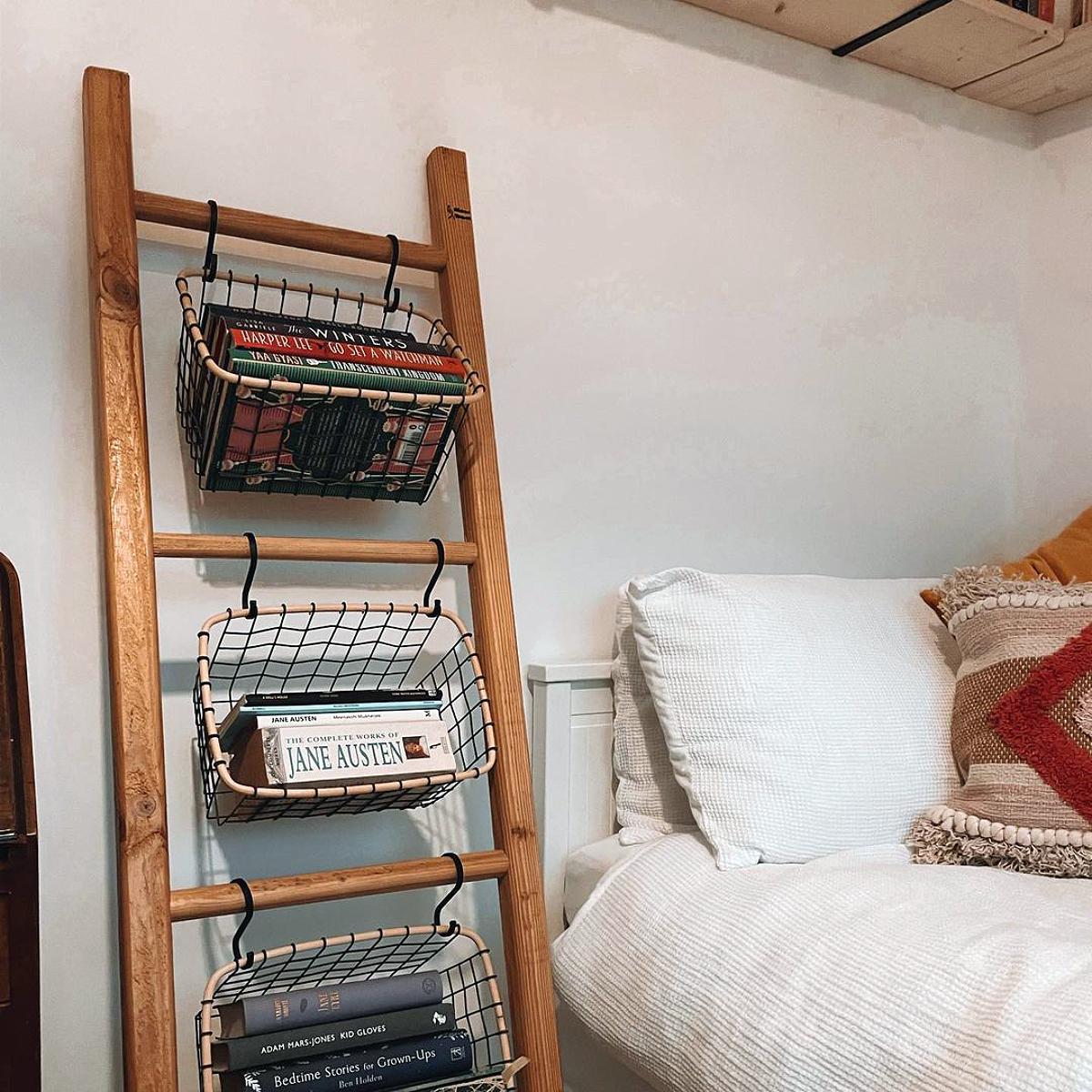 book storage using hooked baskets