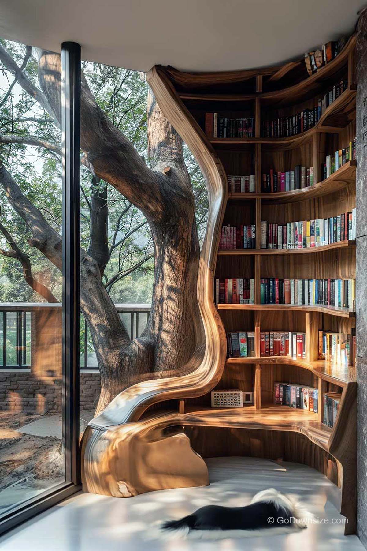 bookshelves beside a full wall windows