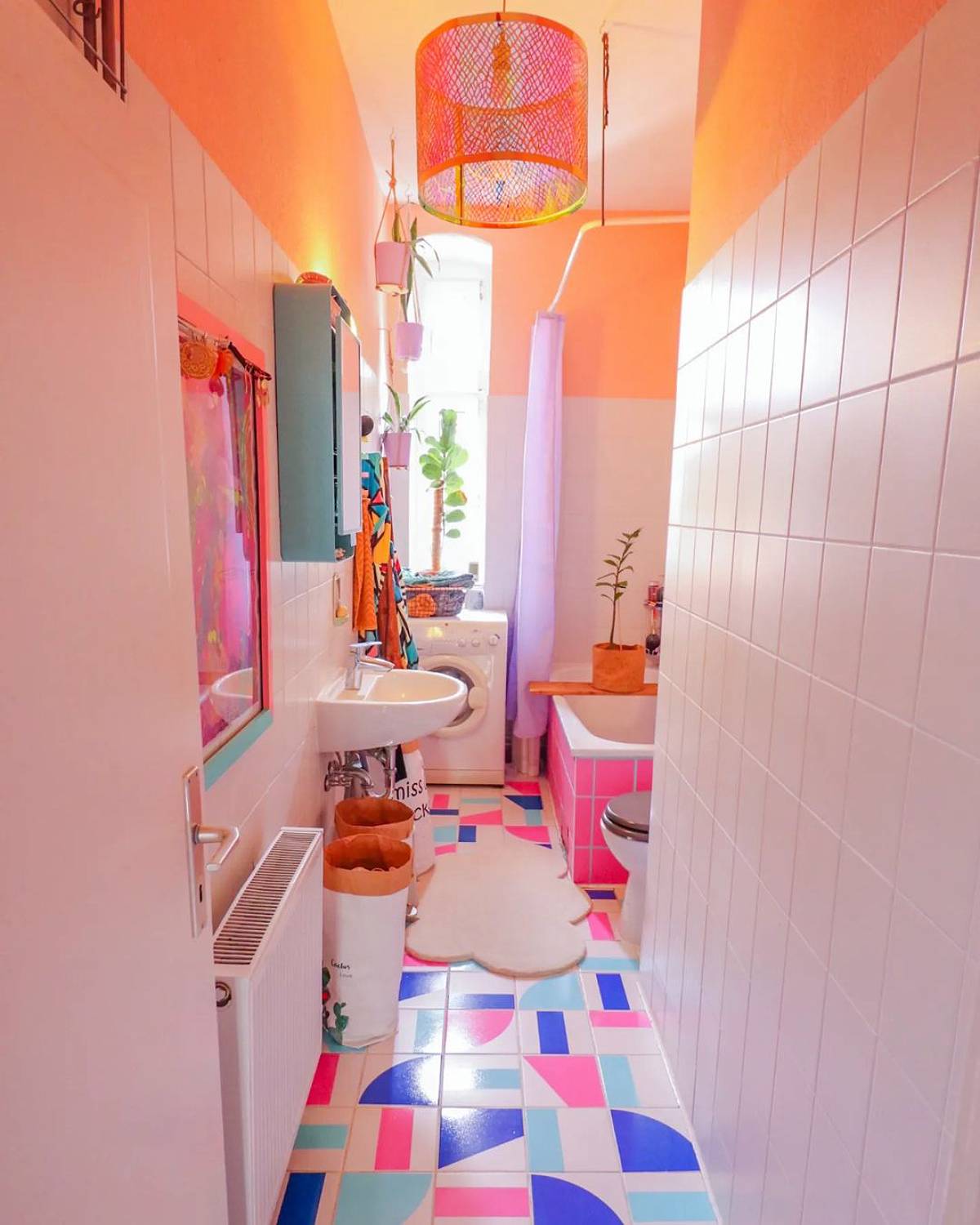 colorful narrow bathroom