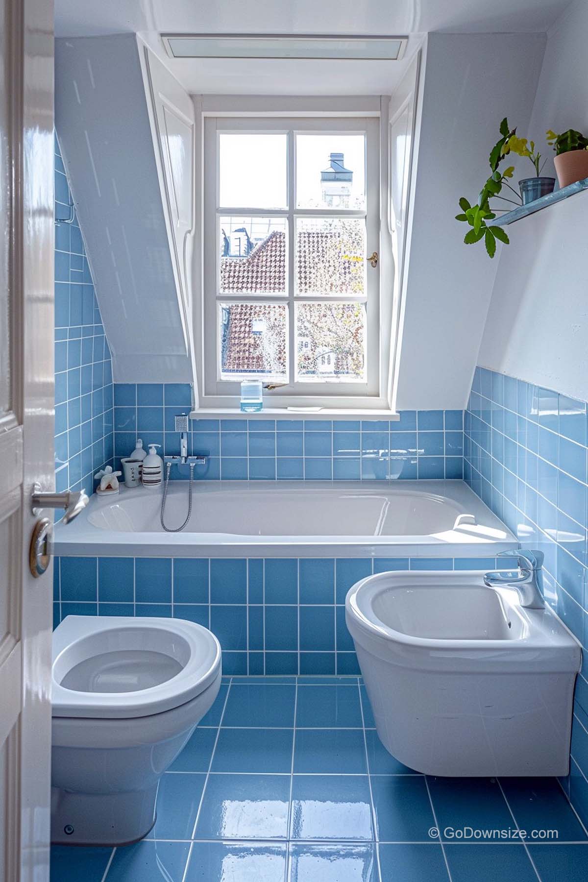 compact bathroom with blue tiles