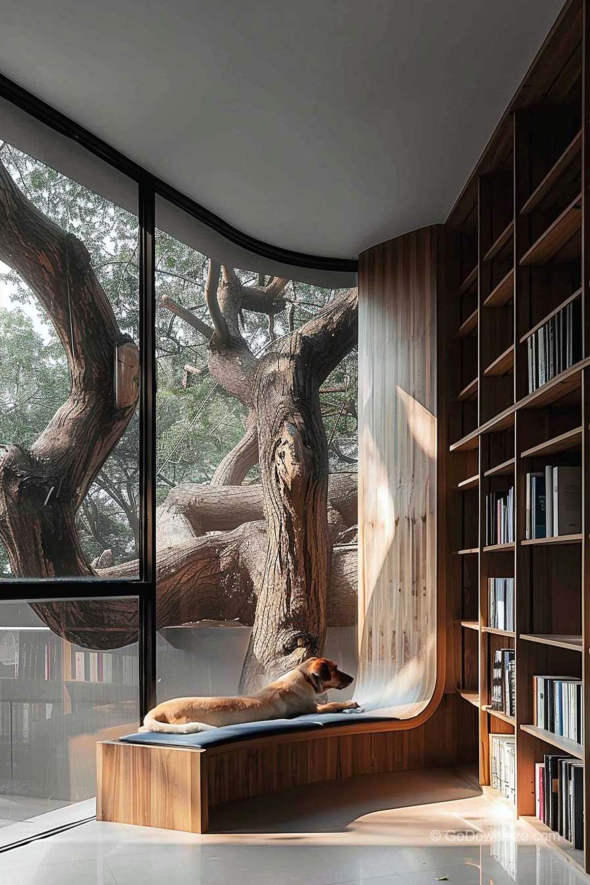 floor to ceiling bookshelves and windows