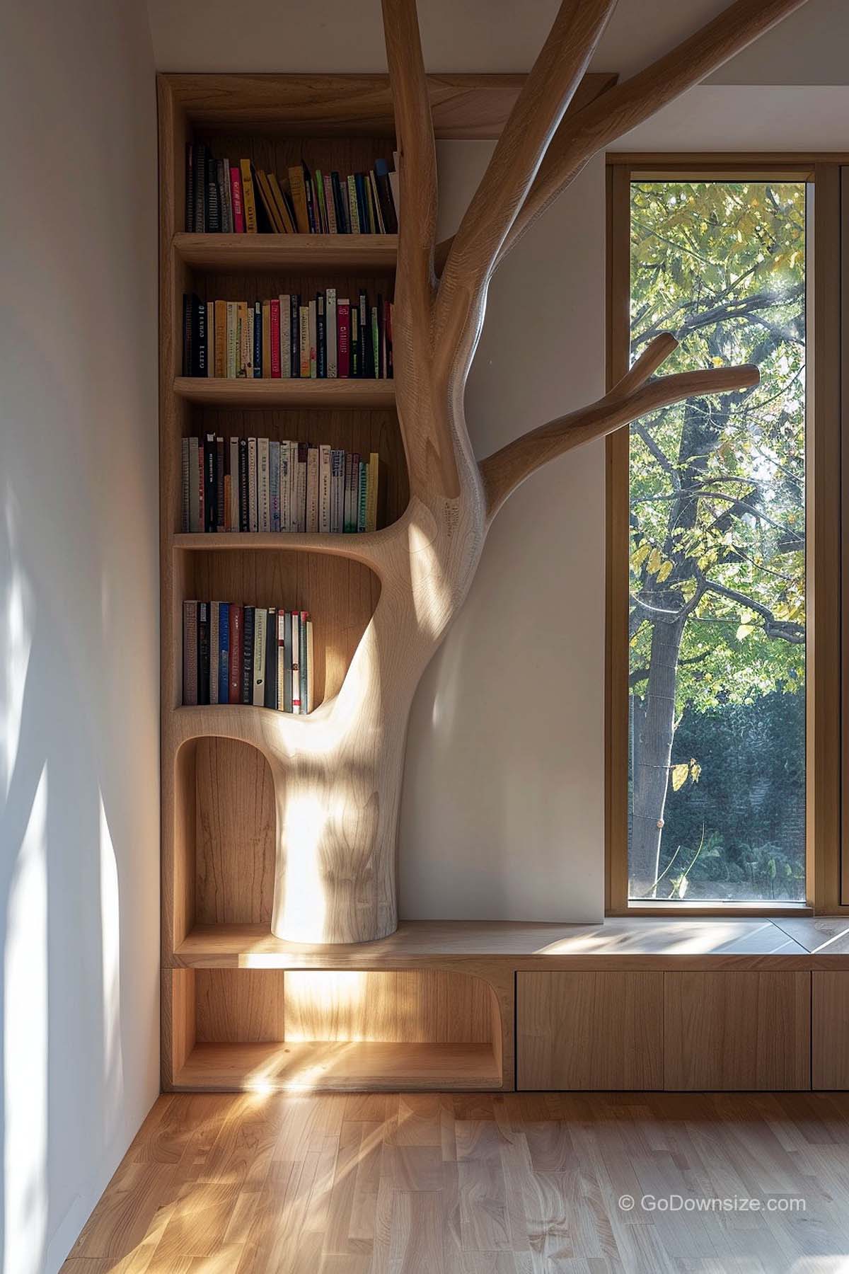 floor to ceiling bookshelves with built-in seating