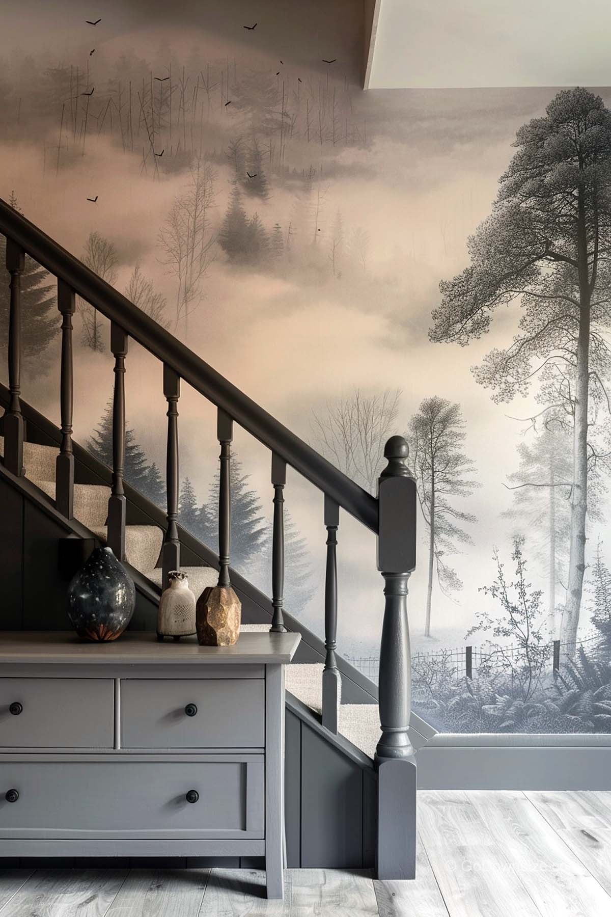 gray staircase with forest wallpaper