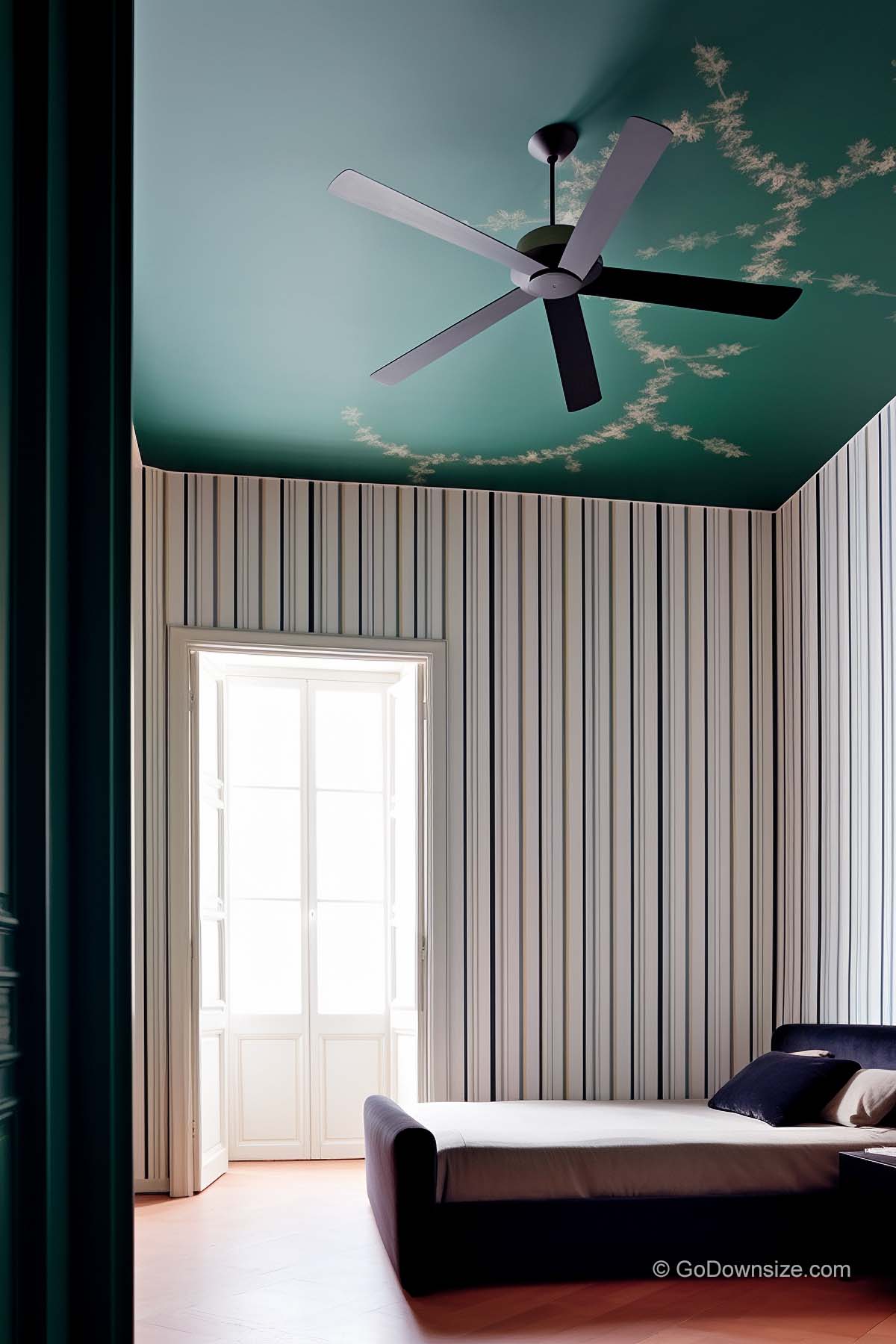 high ceiling bedroom with floor to ceiling wallpaper