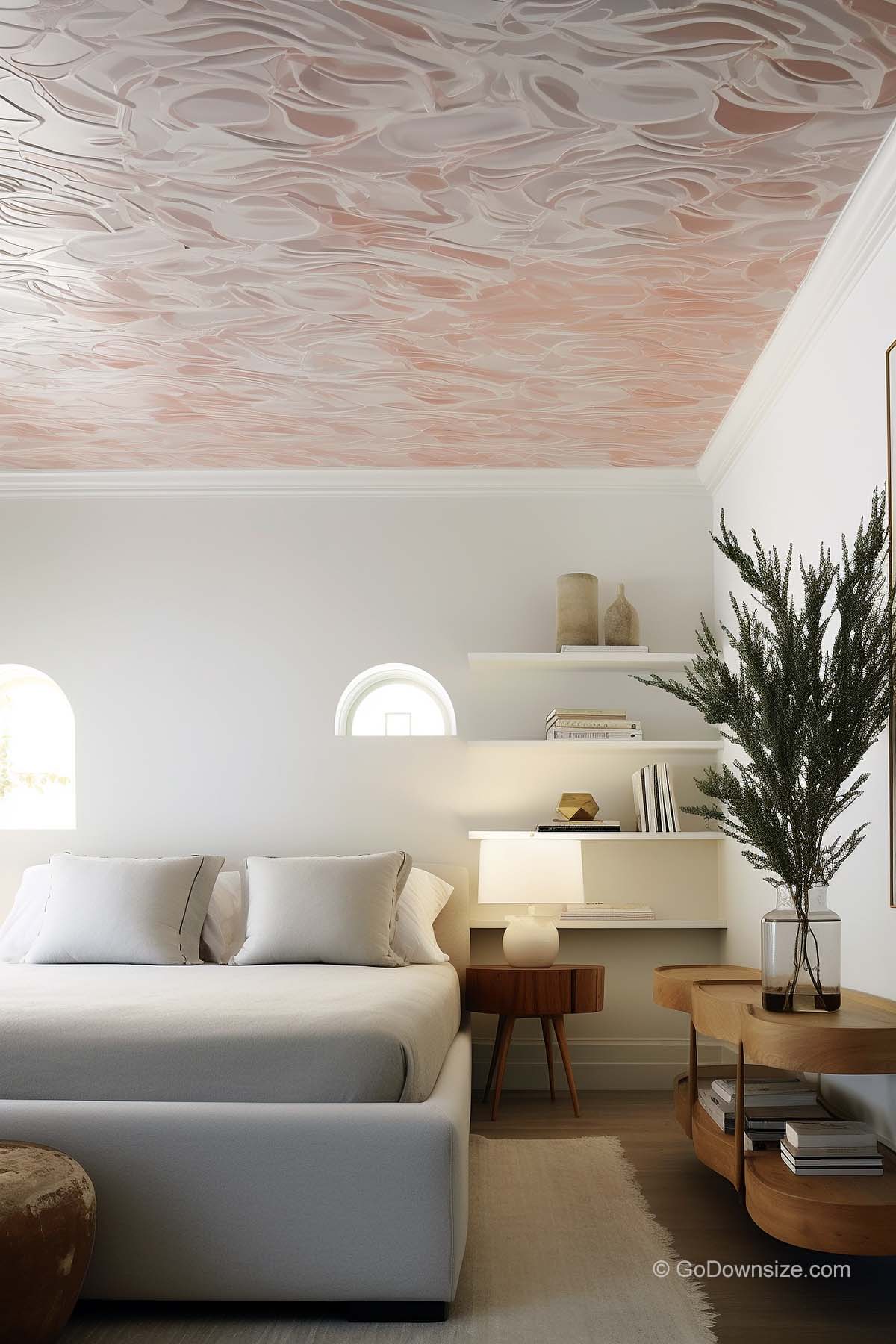 minimalist white bedroom with ceiling wallpaper