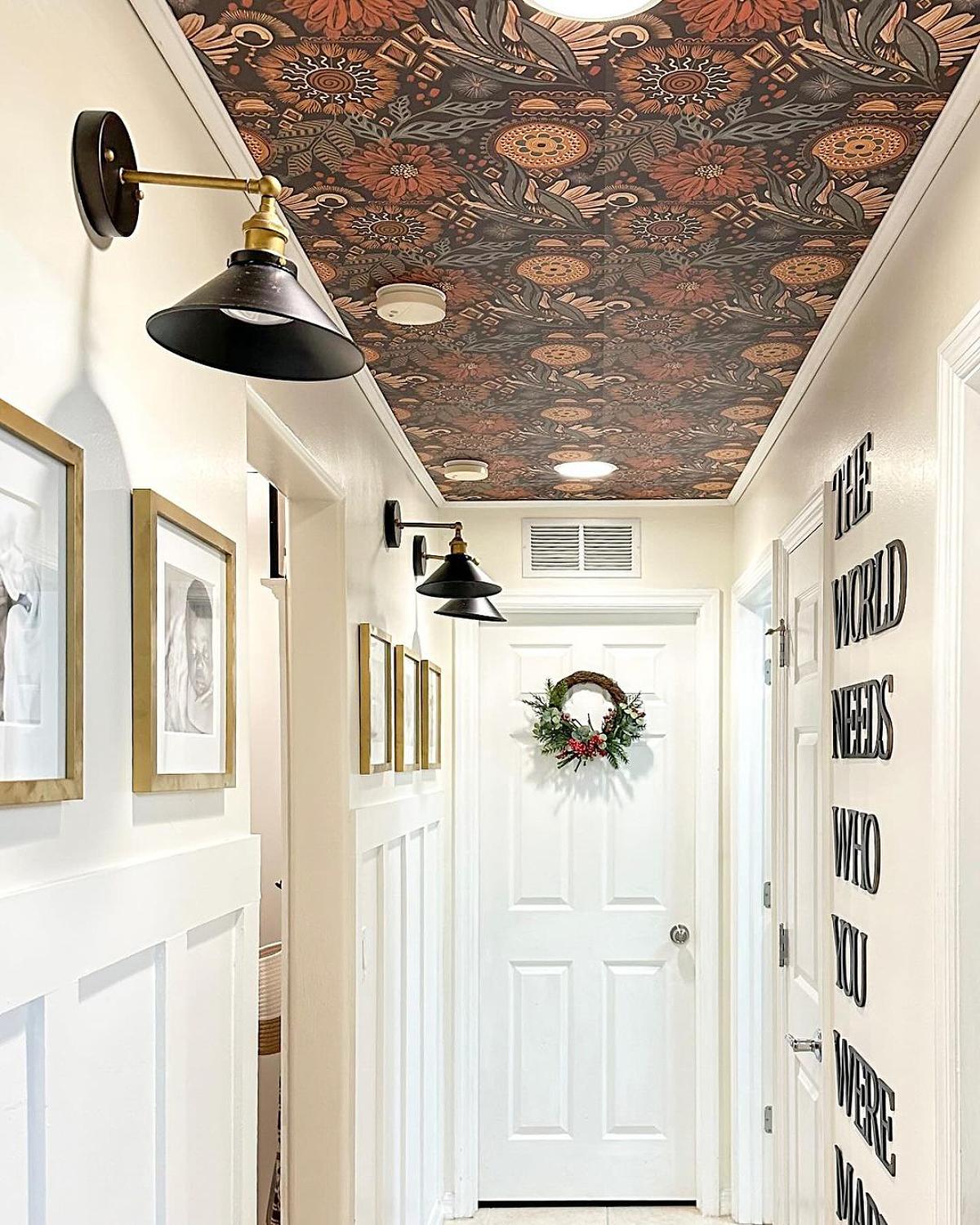 narrow hallway with ceiling wallpaper