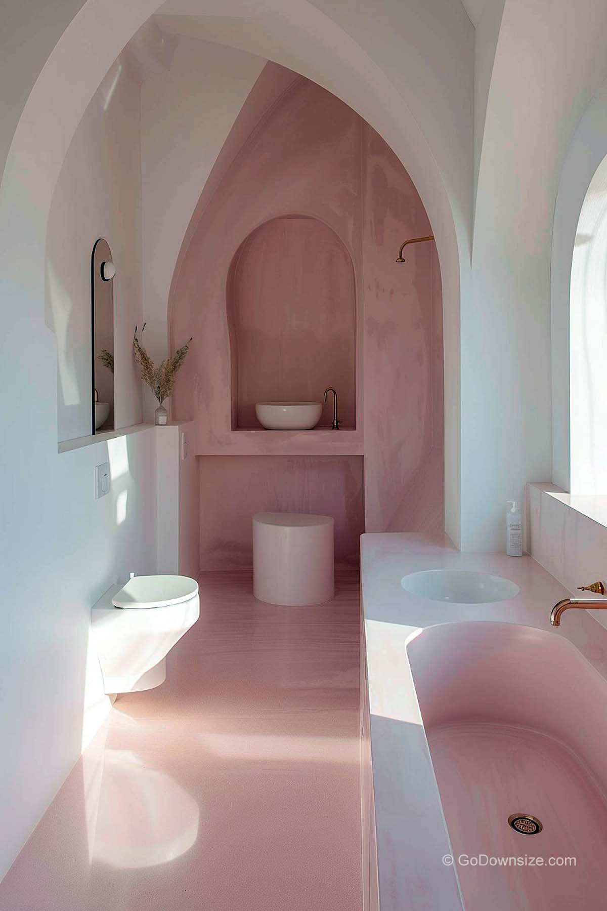pink bathroom with narrow over-the-toilet counter