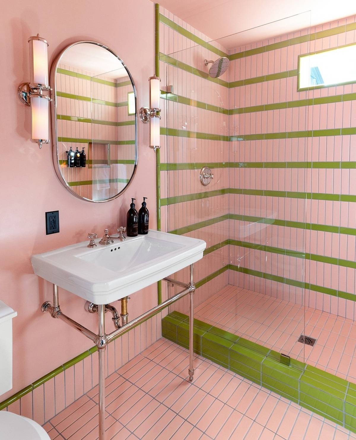 pink rectangular tiles with green tile lines