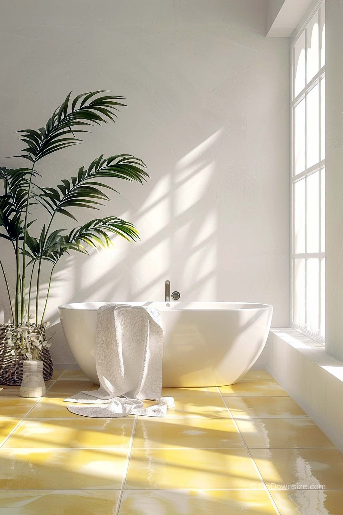 plant and bathtub on yellow floor