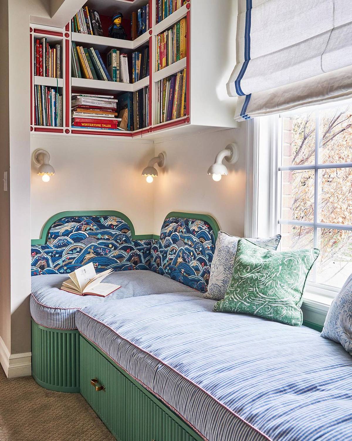 reading nook with ceiling shelves