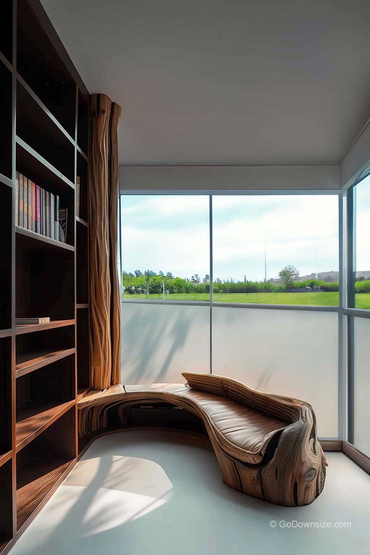 reading nook with floor to ceiling shelves