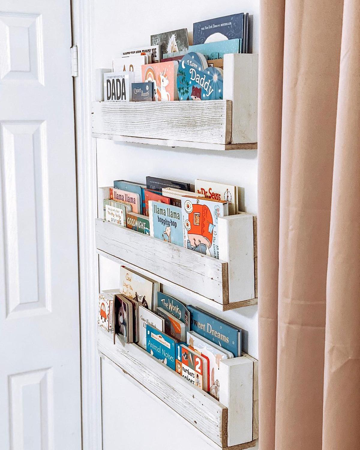 slender bookshelves on wall