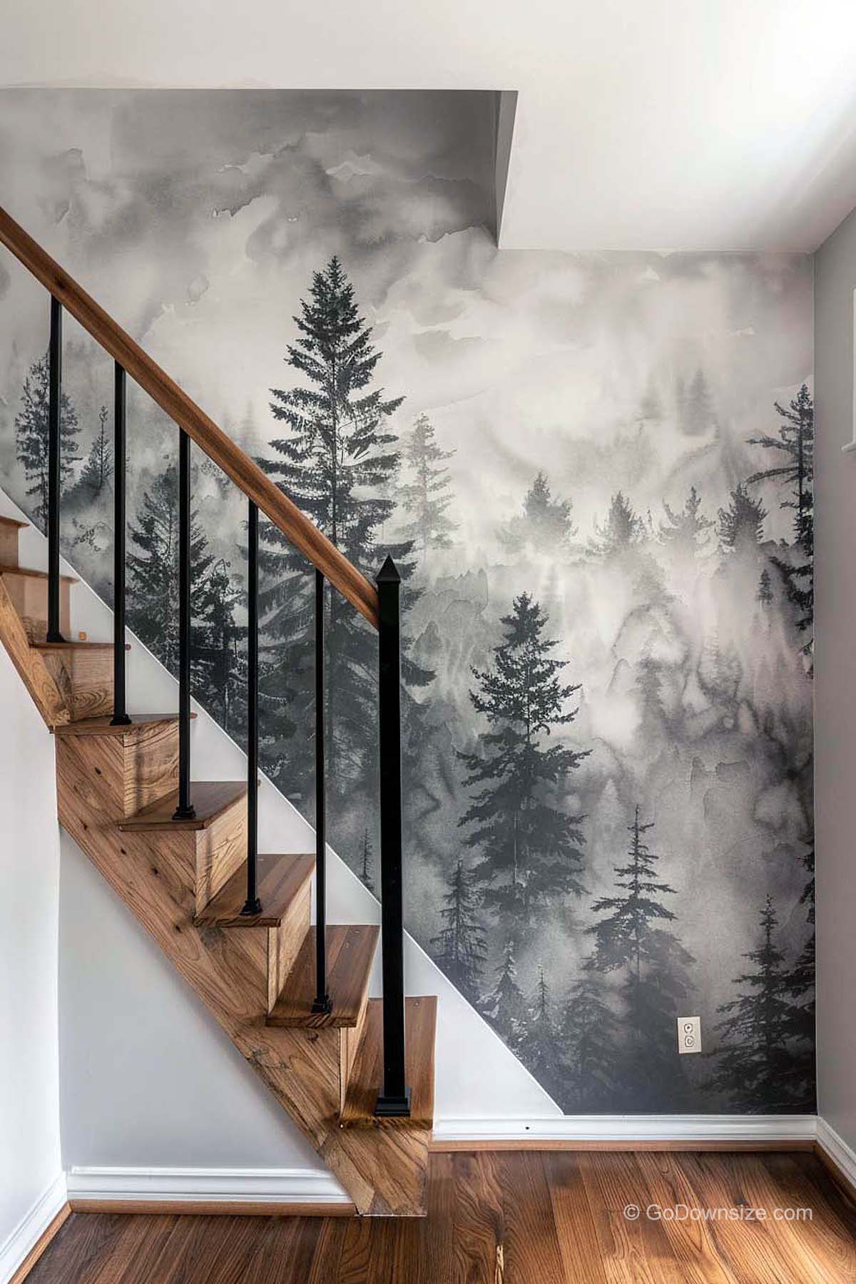 staircase with forest wallpaper