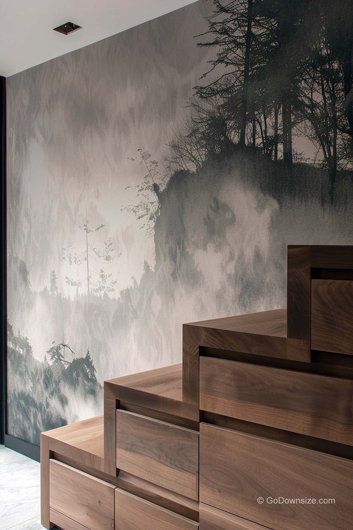 staircase with storage and forest wallpaper