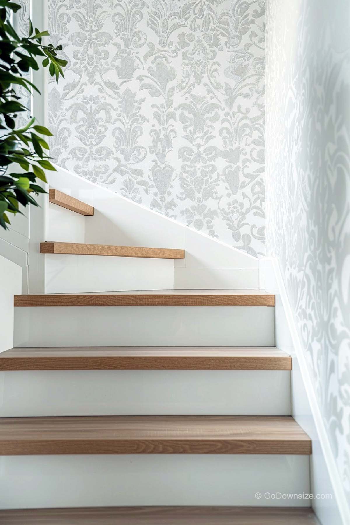 staircase with taupe wallpaper