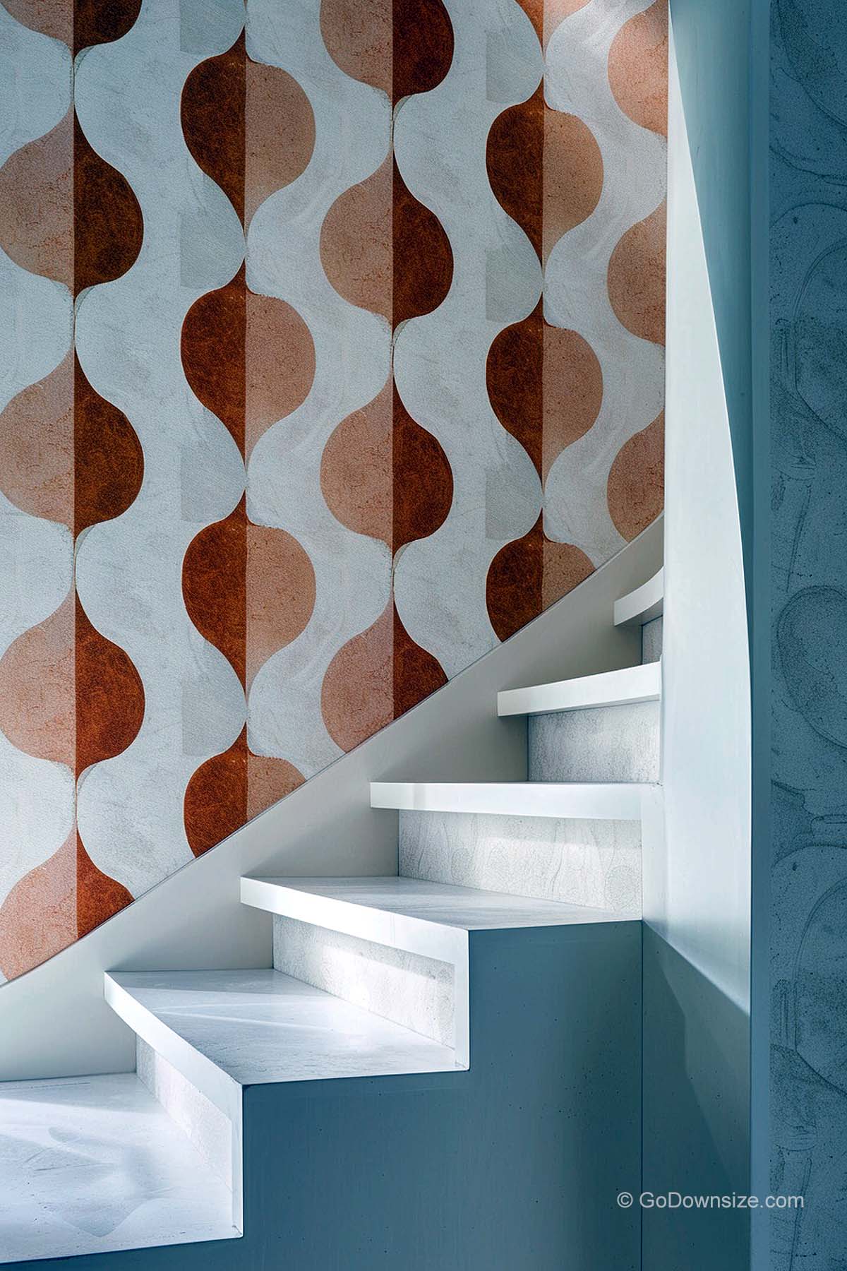 staircase with with faded shade wallpaper