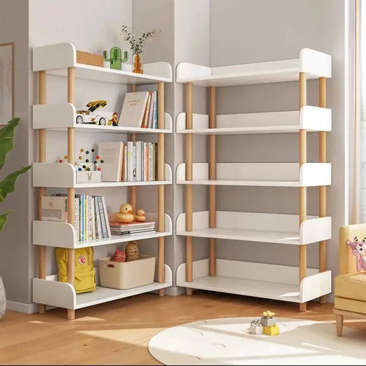 tiered wooden bookshelves