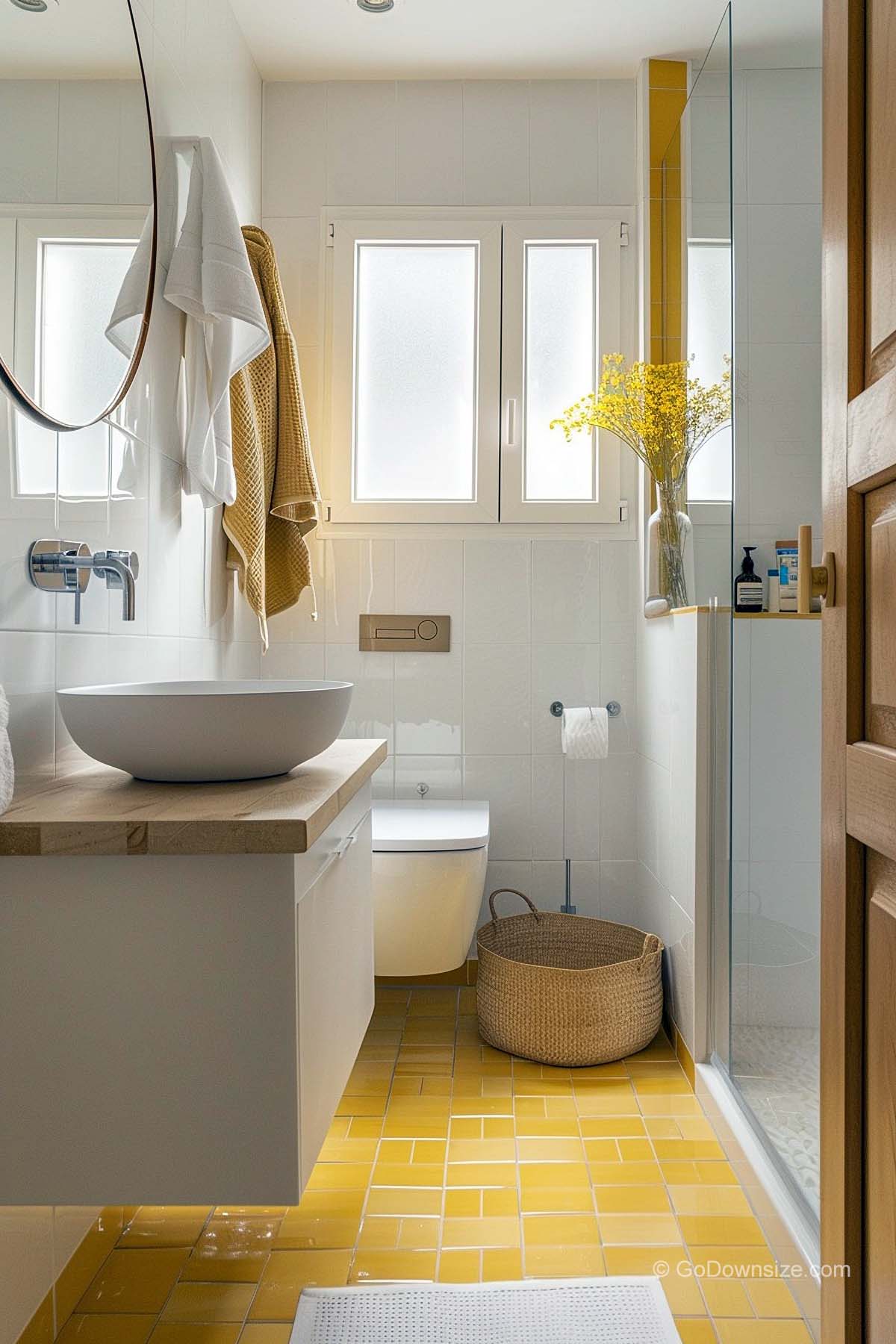 tiny bathroom with yellow tiles