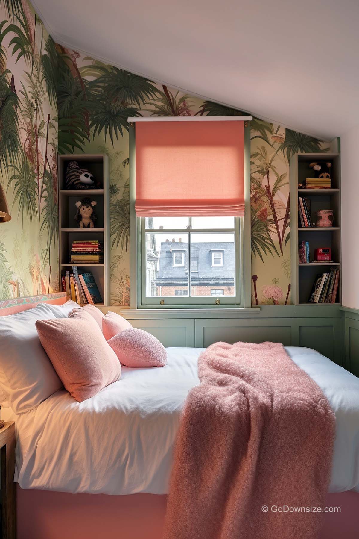 tiny bedroom with shelves